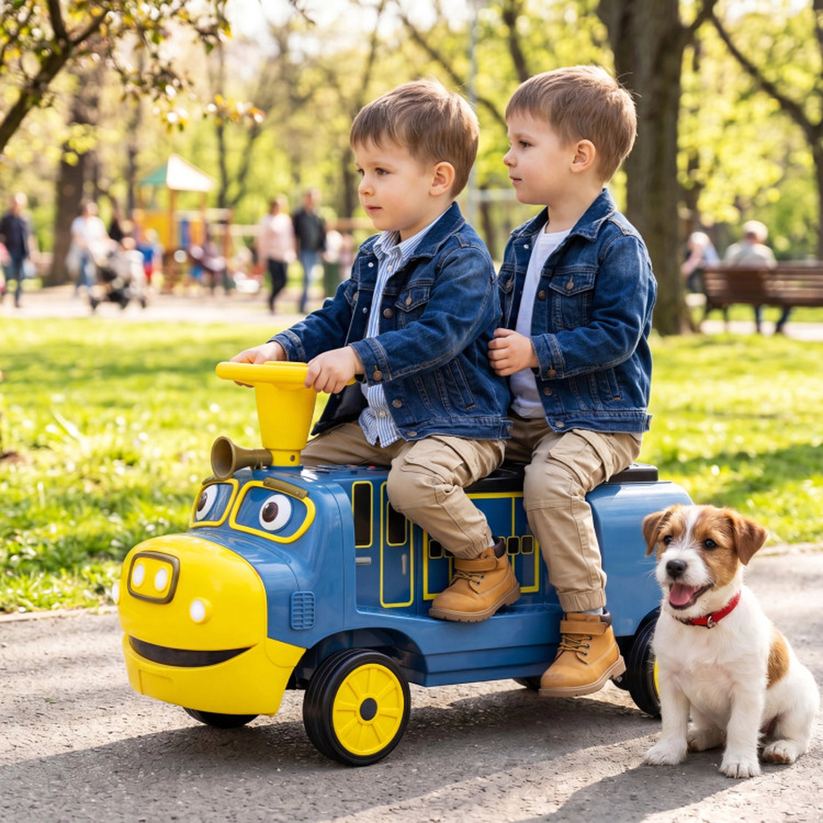 SUGIFT 12V 3-Seater Kids Ride-On Train with Detachable Carriage 132-lb Seat Capacity Ages 3+ Yellow & Blue/Red & Black