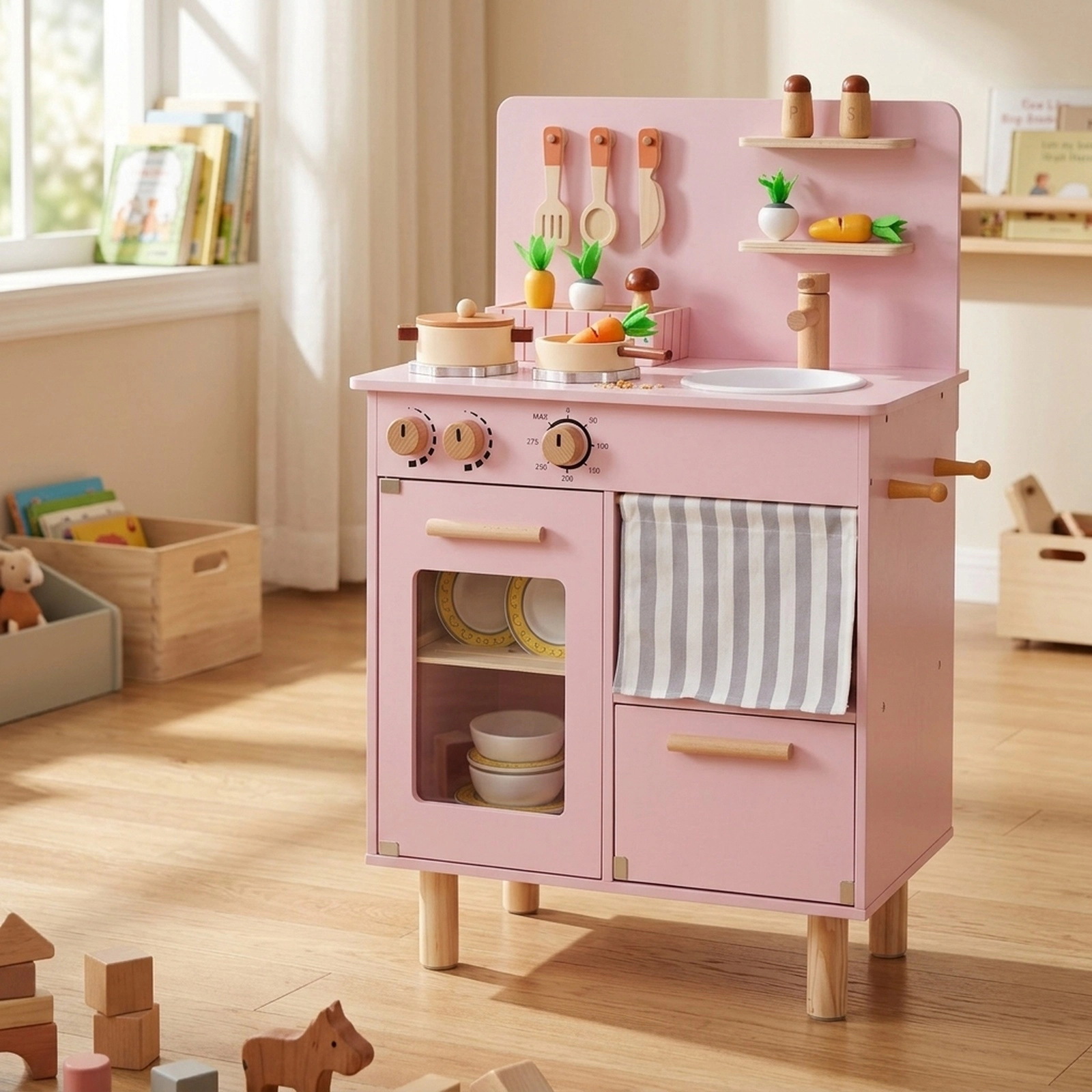 Wooden Play Kitchen for Toddlers with Clicking Stove Faucet Sink Dishwasher and Anti-Tip Design 20-in x 12-in x 32-in