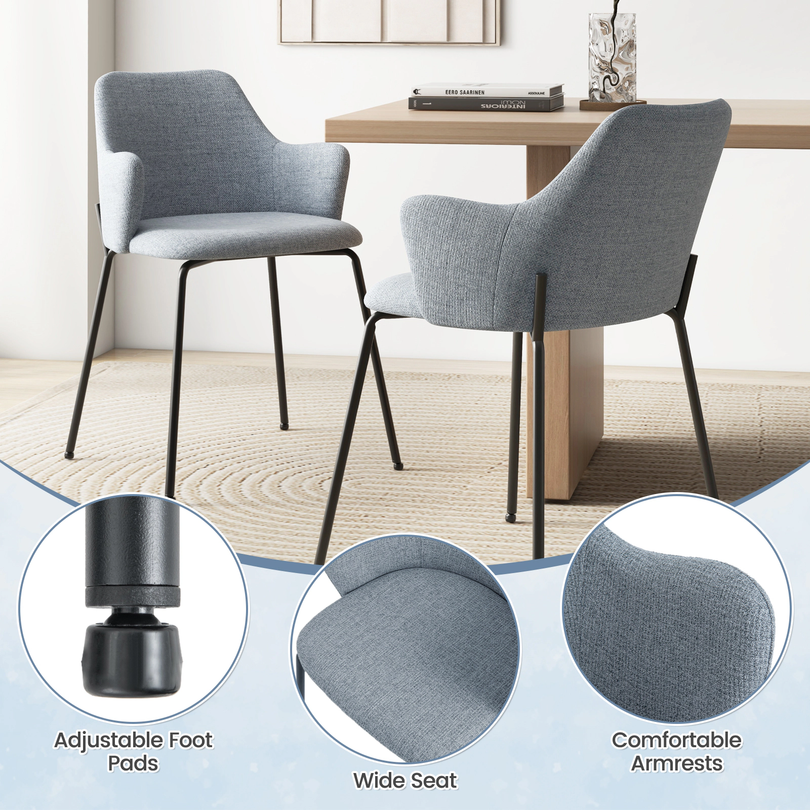 SUGIFT Gray Curved Backrest Wide Seat Armrests and Metal Frame Set of 2 Dining Chairs