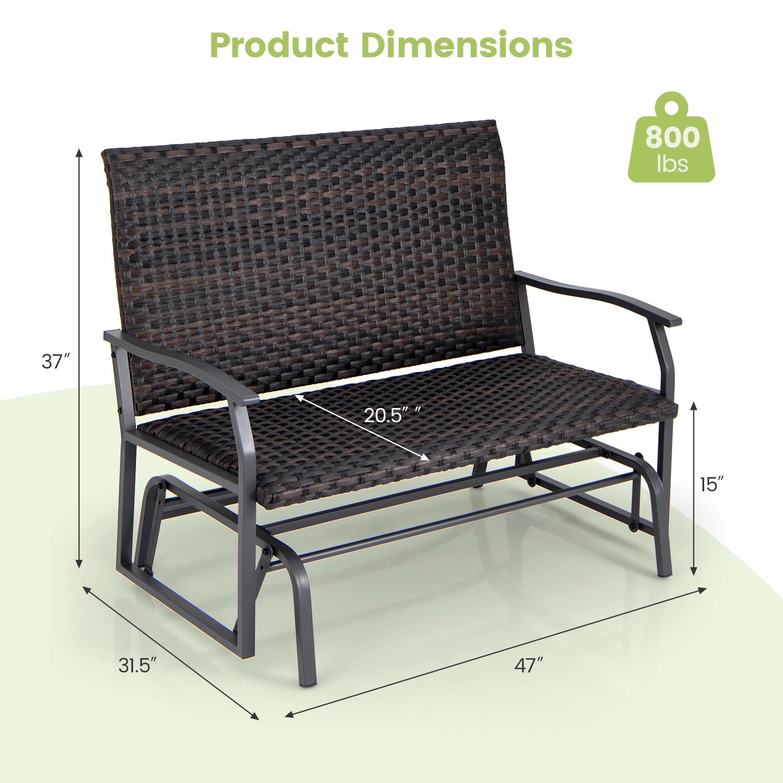 SUGIFT Brown Quick Dry Foam Seat 2-Person All Weather Outdoor Wicker Glider Bench