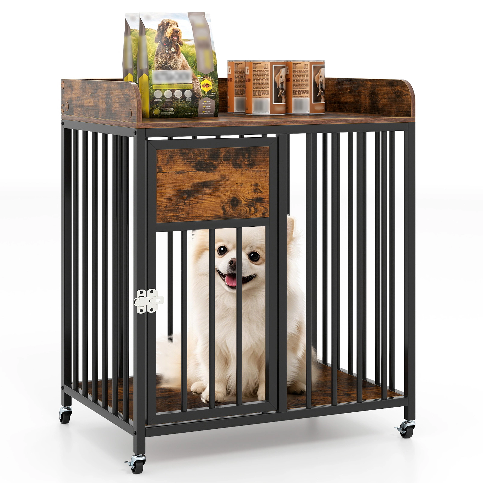 SUGIFT Rustic Brown 27.5 in End Table Kennel with Wheels for Small Dogs Dog Crate Furniture