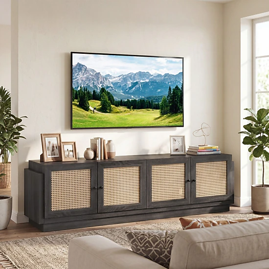 SUGIFT Farmhouse TV Stand with PE Rattan Doors and Adjustable Shelves for TVs up to 75 in 220-lb Tabletop Capacity Black