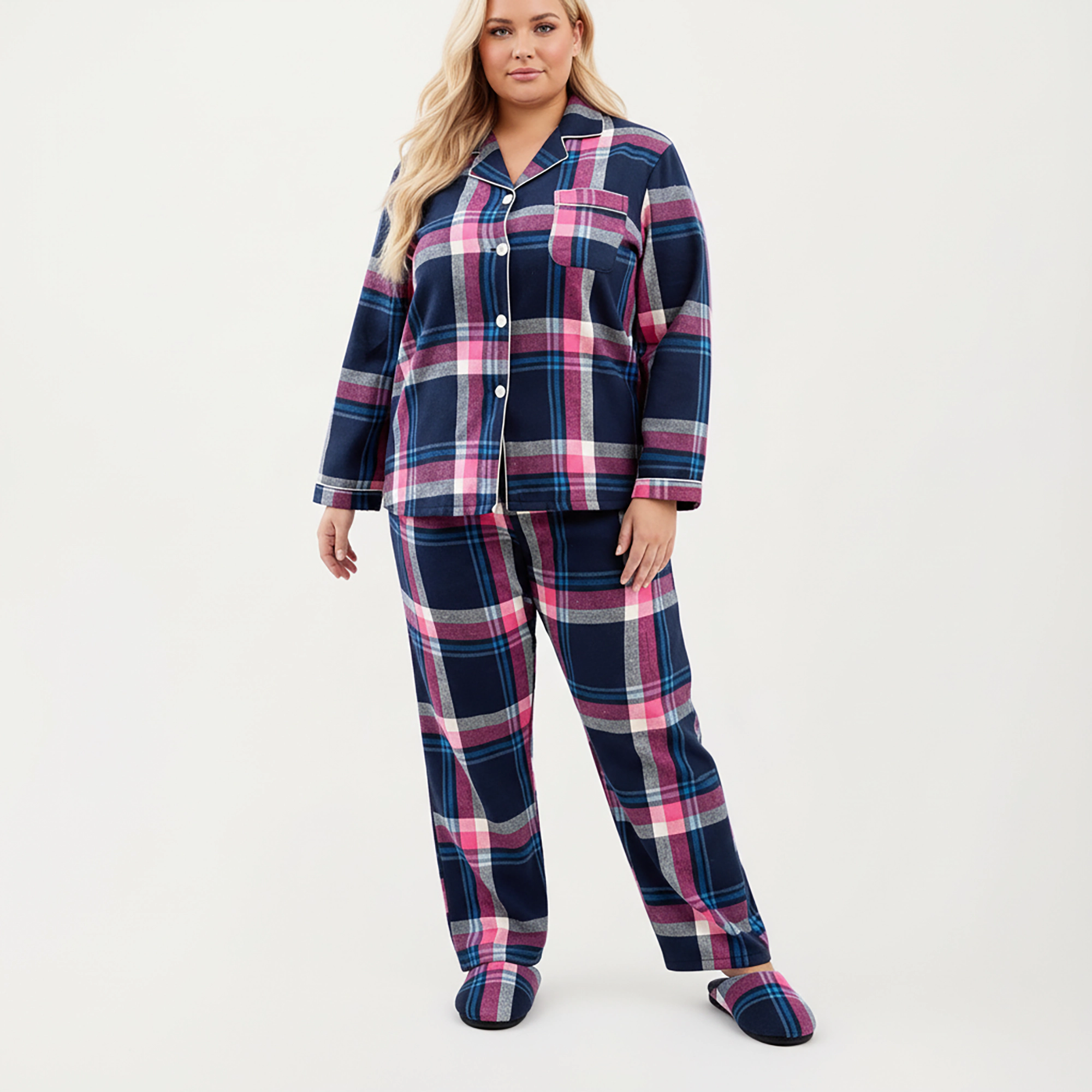 Anna-Kaci Women's Plus 2-Piece Plaid Flannel Pajamas with Button Front Long Sleeve Top and Soft Relaxed Fit Pants