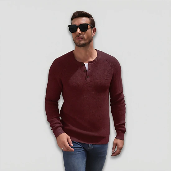 COOFANDY Men's Henley Waffle Knit Raglan Sleeve Button Crewneck Pullover