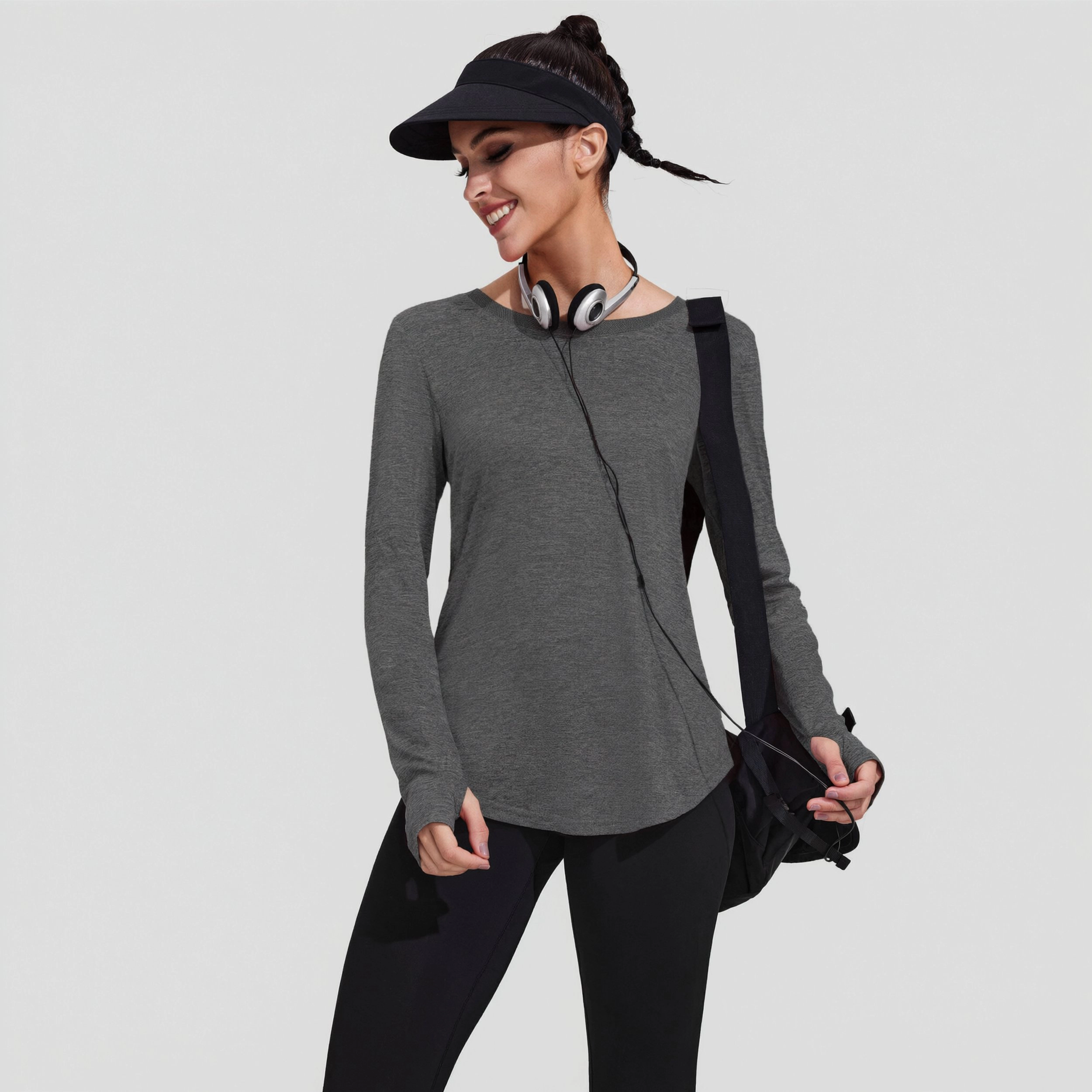 Pinspark Women's Long Sleeve Crew Neck Athletic T-Shirt with Thumb Holes