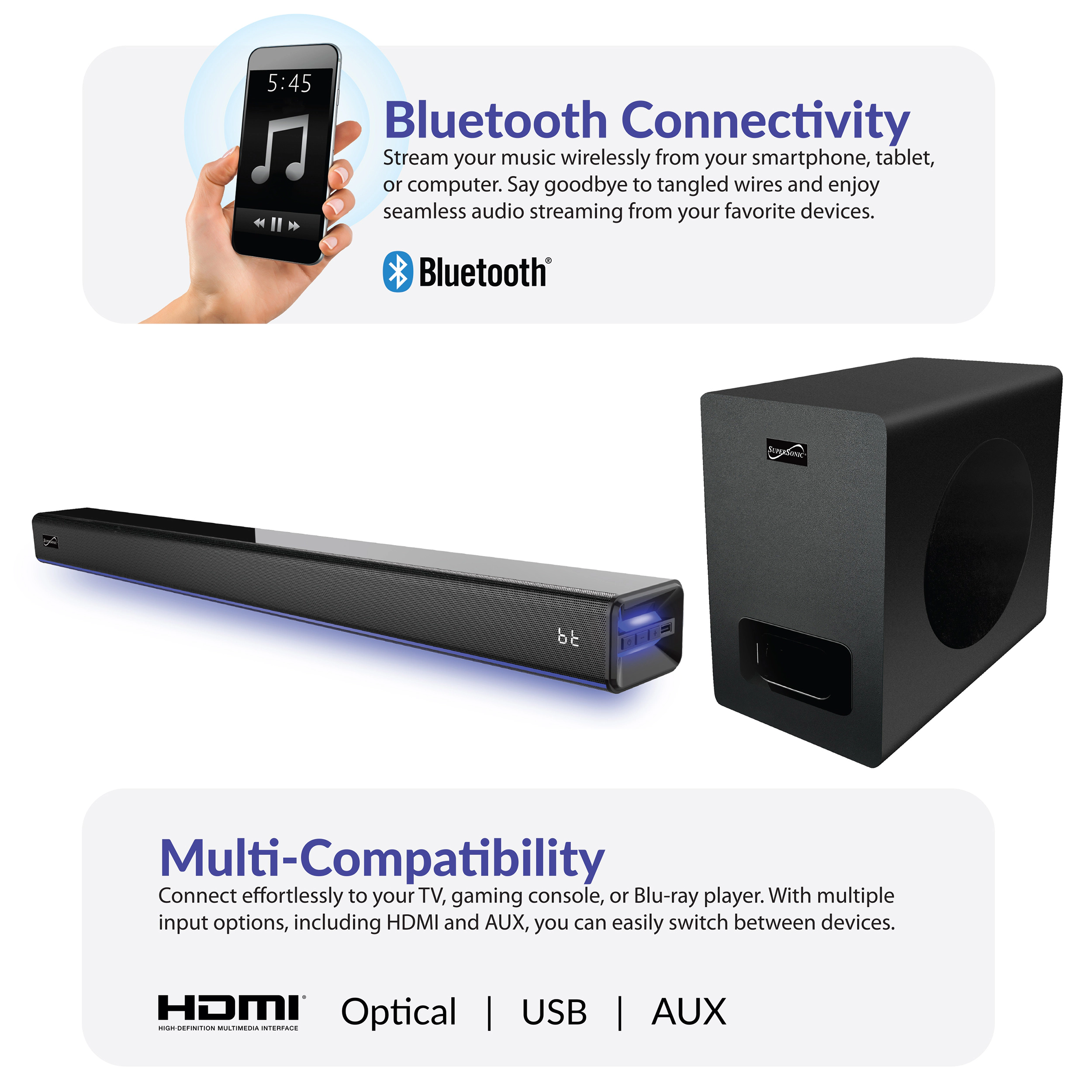 SuperSonic 2.1 Channel Bluetooth Soundbar with Ambient Lighting and Wireless Subwoofer