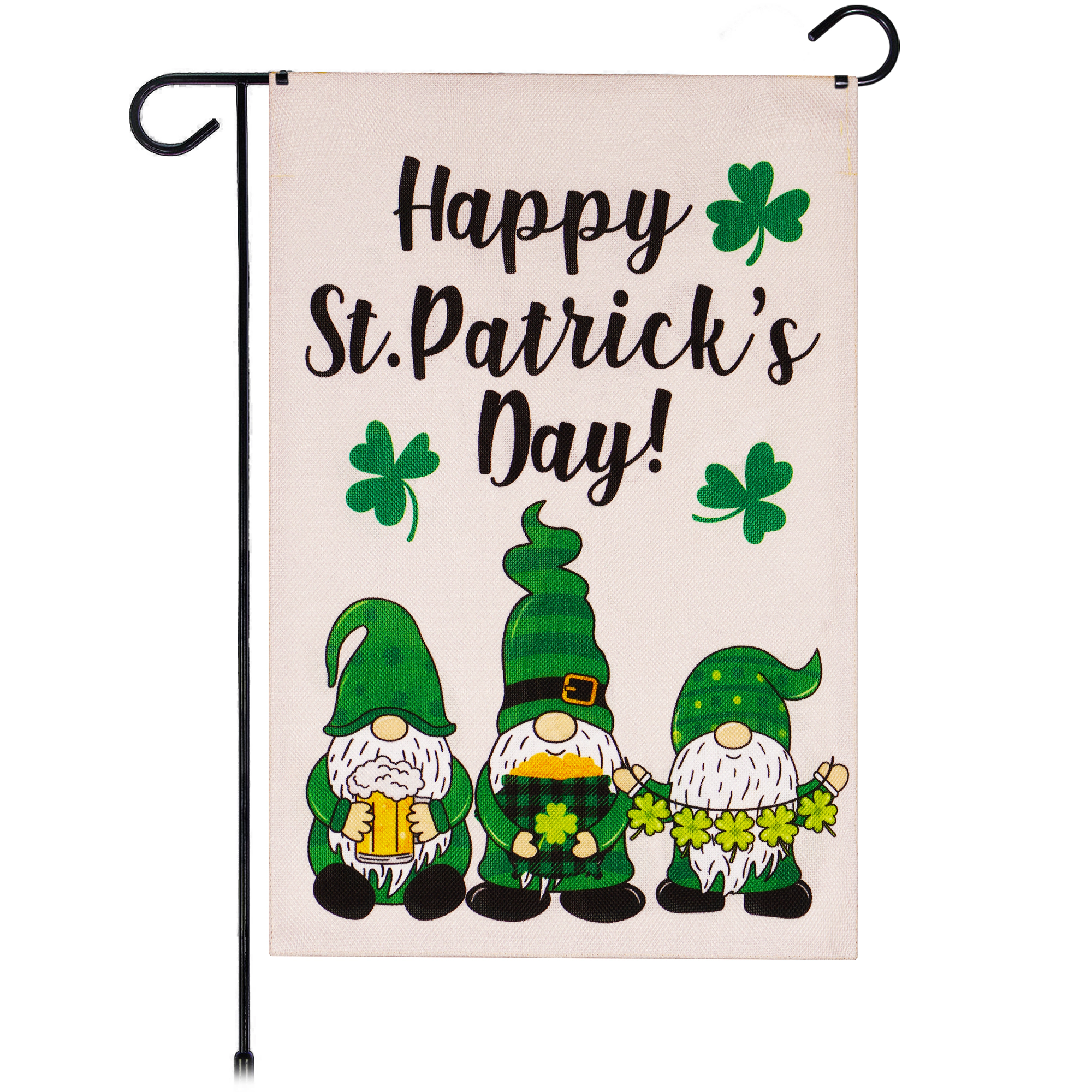 G128 Garden Flag Happy St. Patrick's Day Three Leprechaun Gnomes 12x18 Burlap Polyester