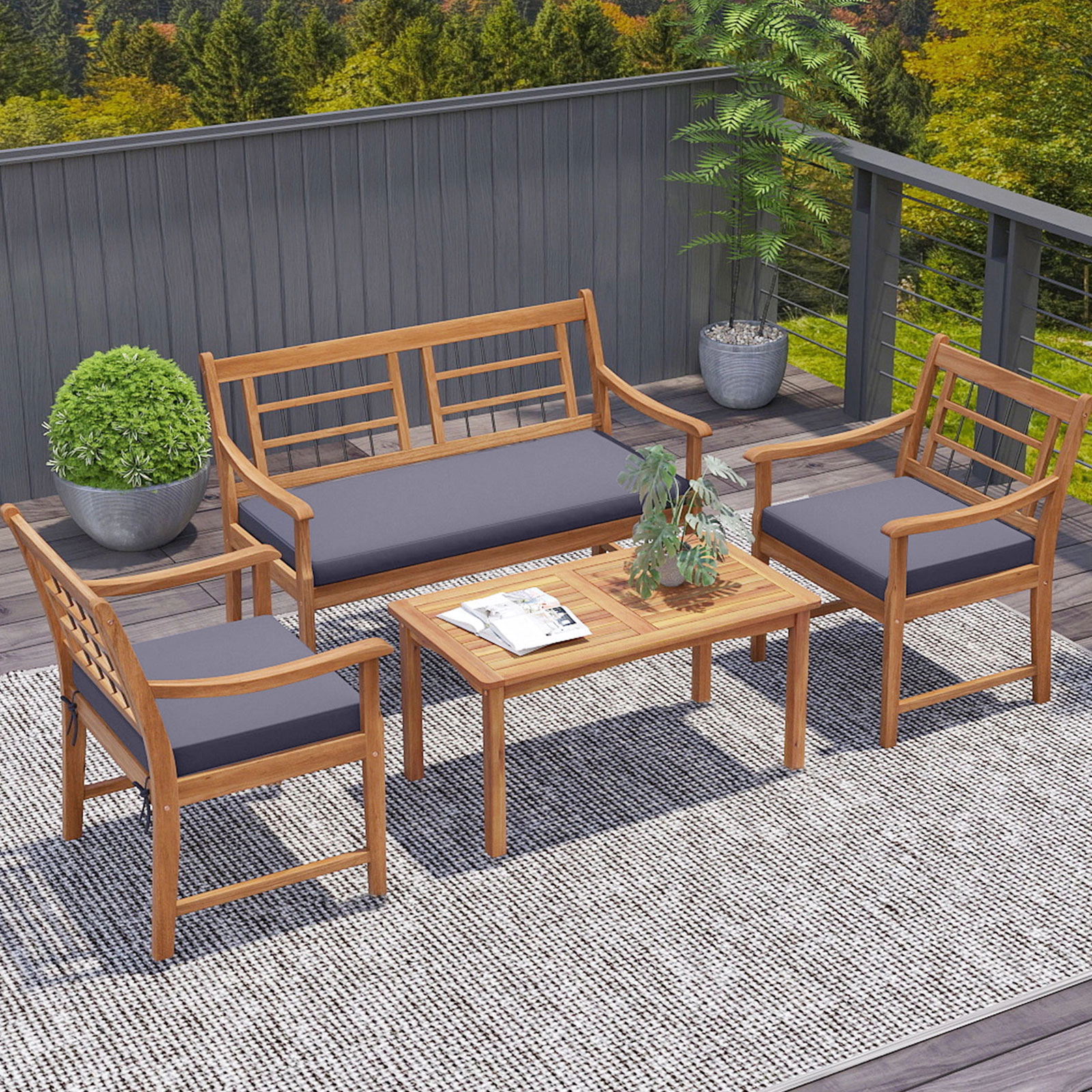LJG 4 Piece Wood Patio Furniture with Armchairs Loveseat and Coffee Table