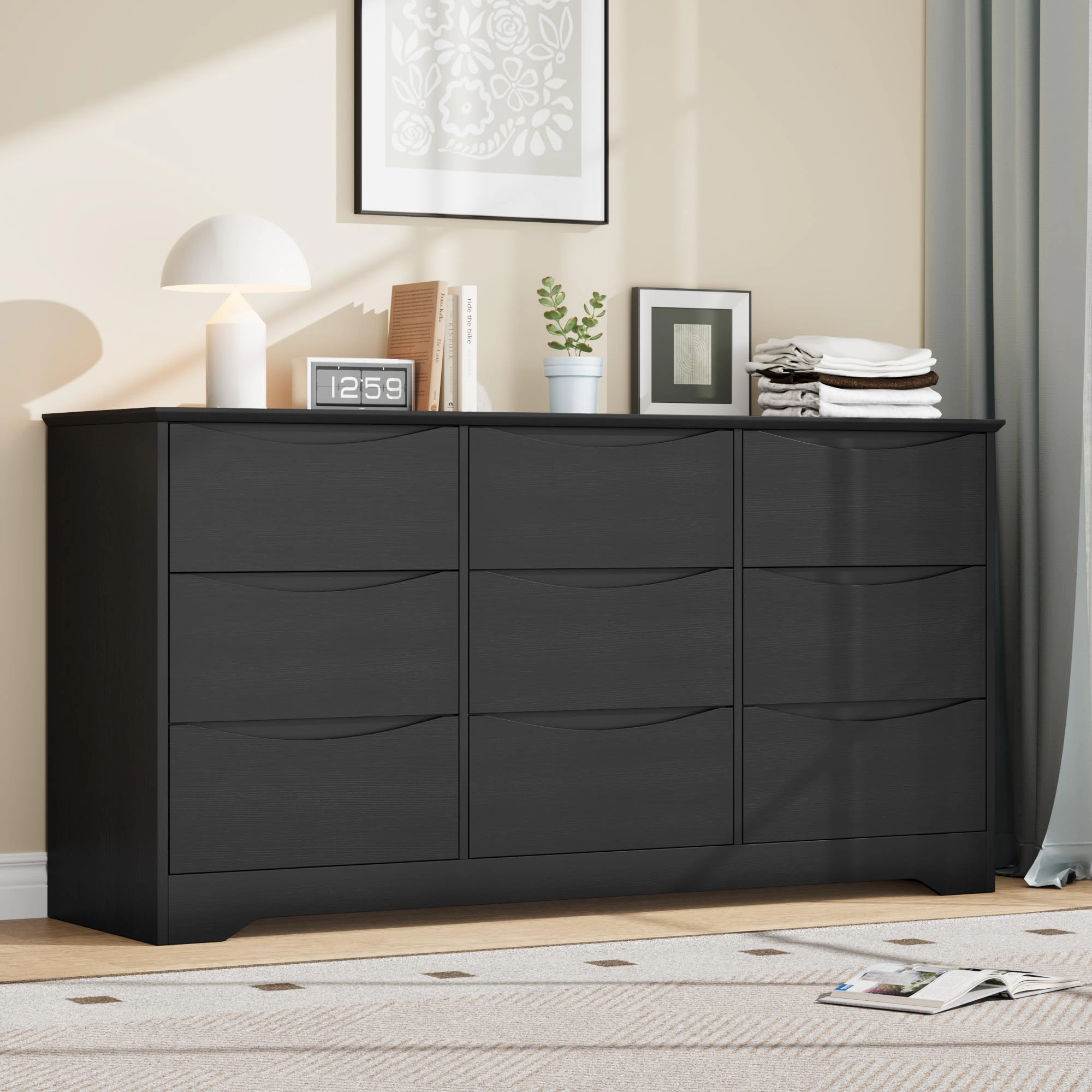 9 Drawer Modern Dresser with Hidden Handles, 59" Wide Large Double Storage Chest for Bedroom Living Room Hallway