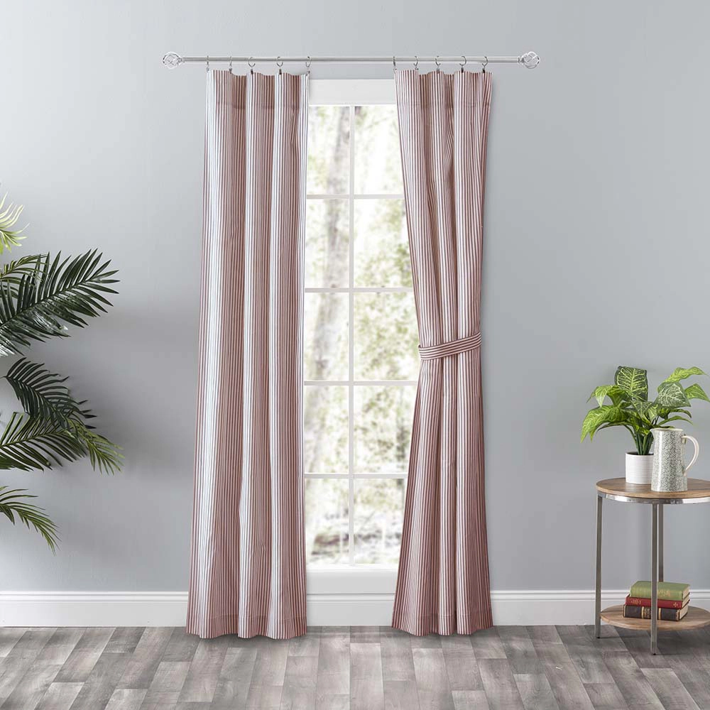 Ellis Curtain Plaza Classic Ticking Stripe Printed on Natural Ground Tailored Panel Pair with Tiebacks 56" x 84" Brick