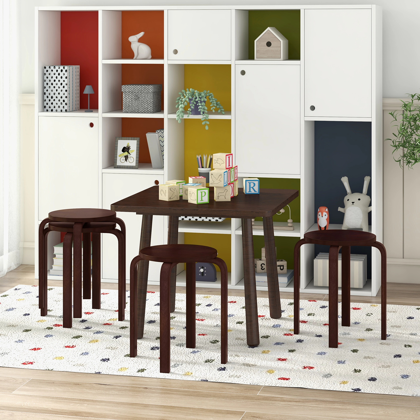 SUGIFT Set of 4 Brown Stackable Backless Wood Stools, 18-Inch Round Seat
