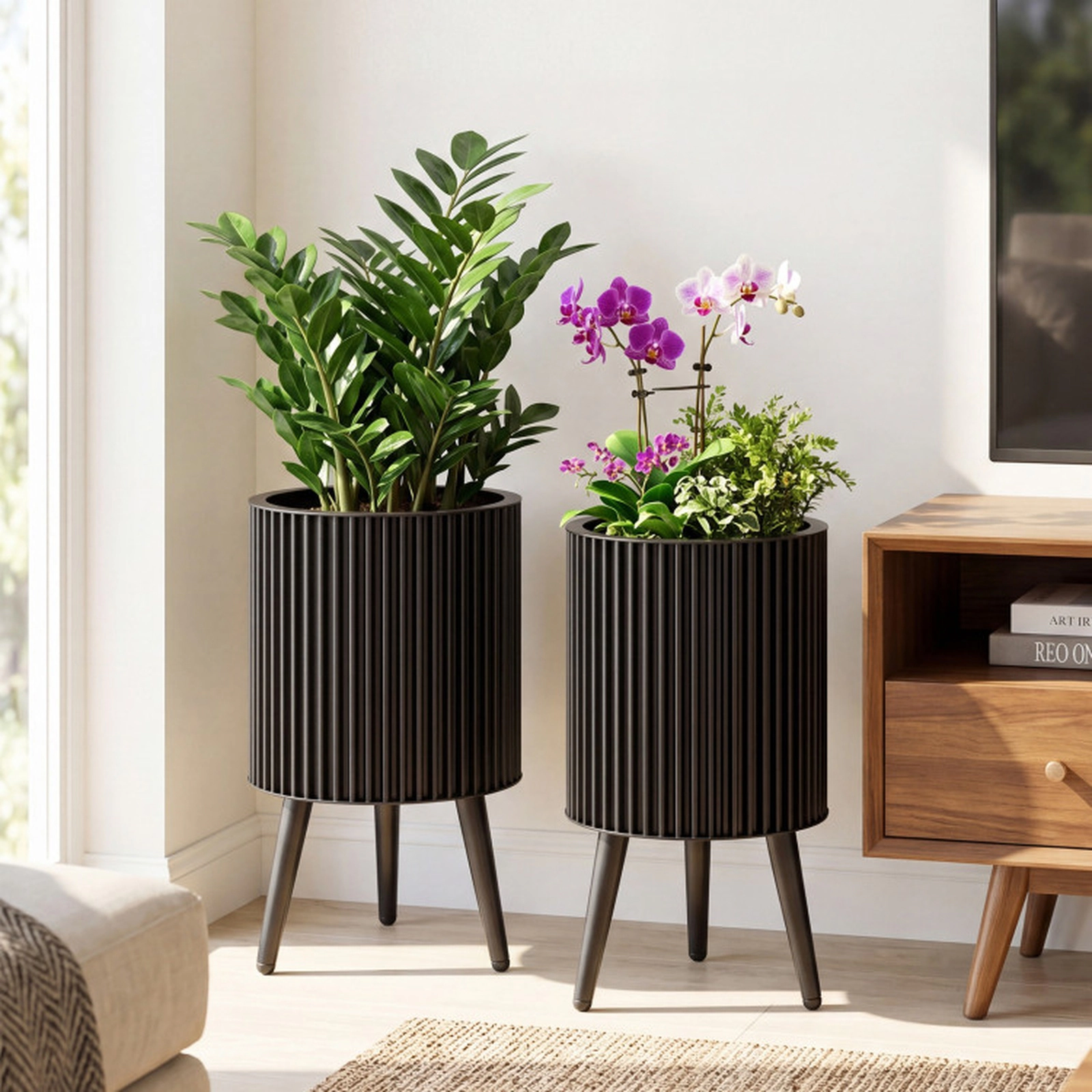 SUGIFT Modern Fluted Metal Planter Flower Pots with Stand 110-lb Capacity Set of 2 Black 20 x 23 in and 18 x 23 in