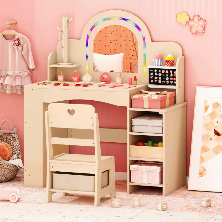 Hivvago Kids Vanity Set With Colorful Led Lights Princess Makeup Dressing Table Chair