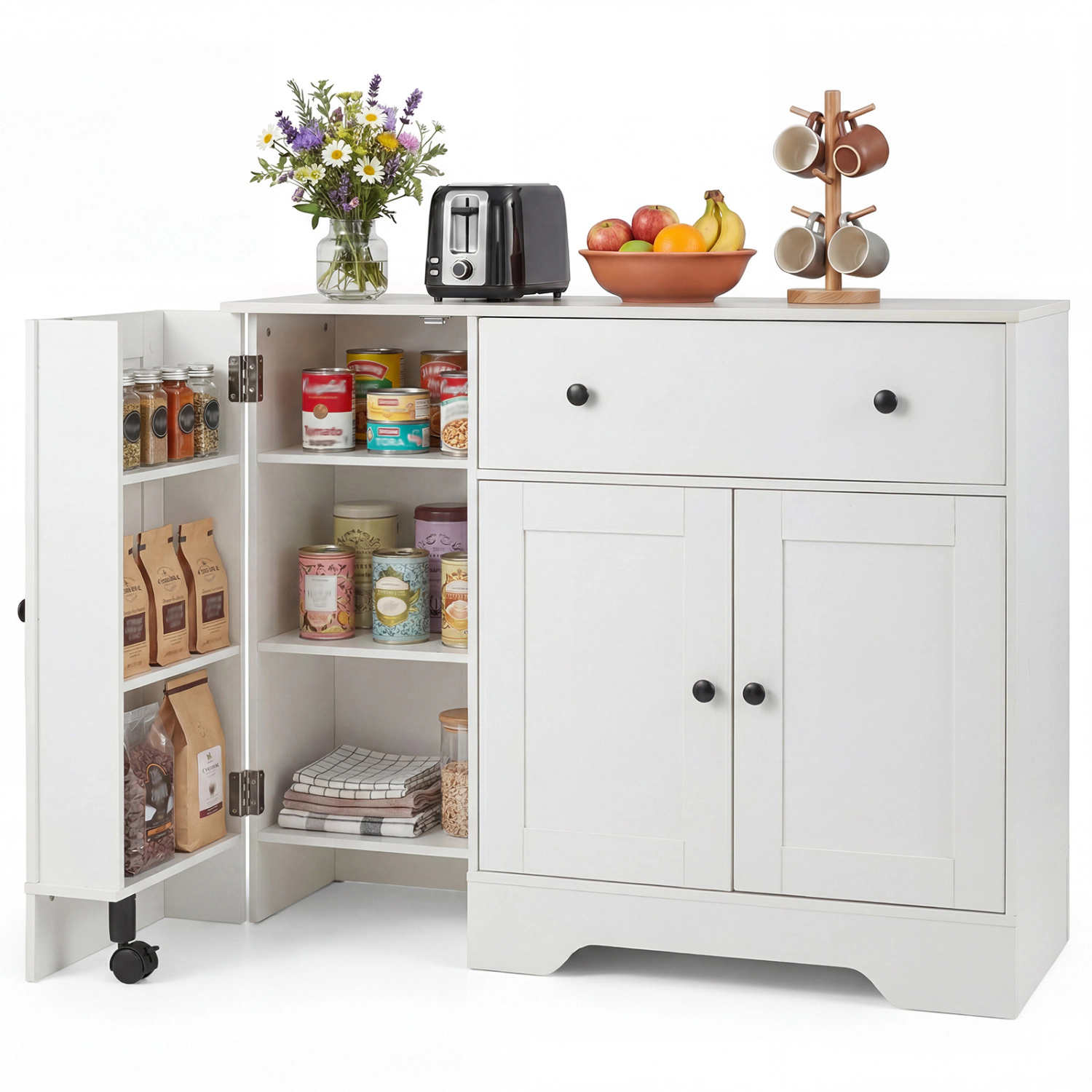LJG 41.5" Modern Coffee Bar Cabinet with 3 Doors and Rolling Wheel