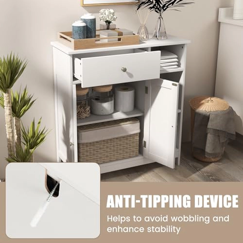 Glintex Wide Bathroom Cabinet with 250-Lb Capacity Drawer and 3 Open Bays, White