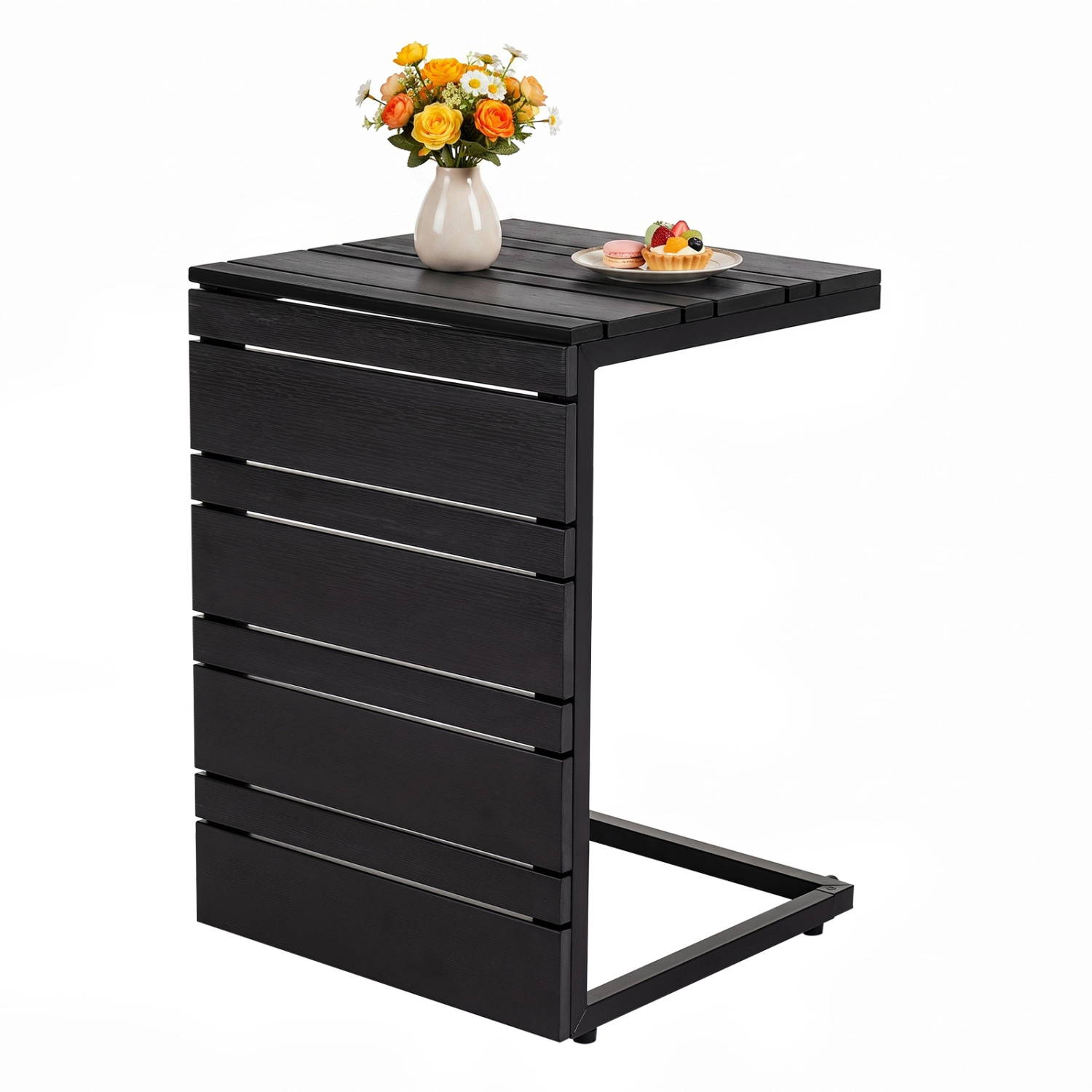LJG Space-Saving C-Shaped Side Table with Wood-Plastic Top for Indoor Outdoor
