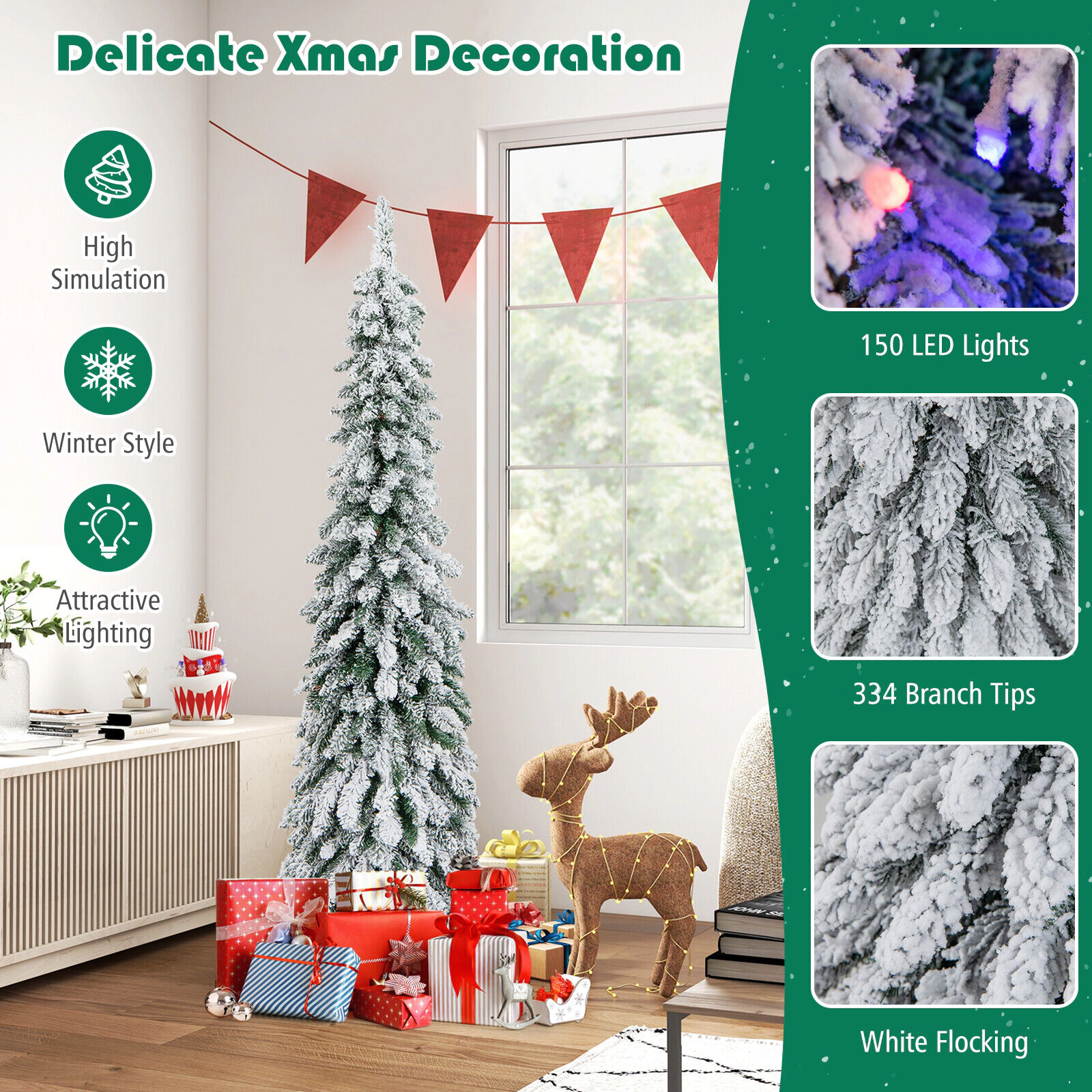 SUGIFT 5-ft Slim Pencil Pre-Lit Snow Flocked Artificial Christmas Tree with 150 LED Lights and 11 Modes