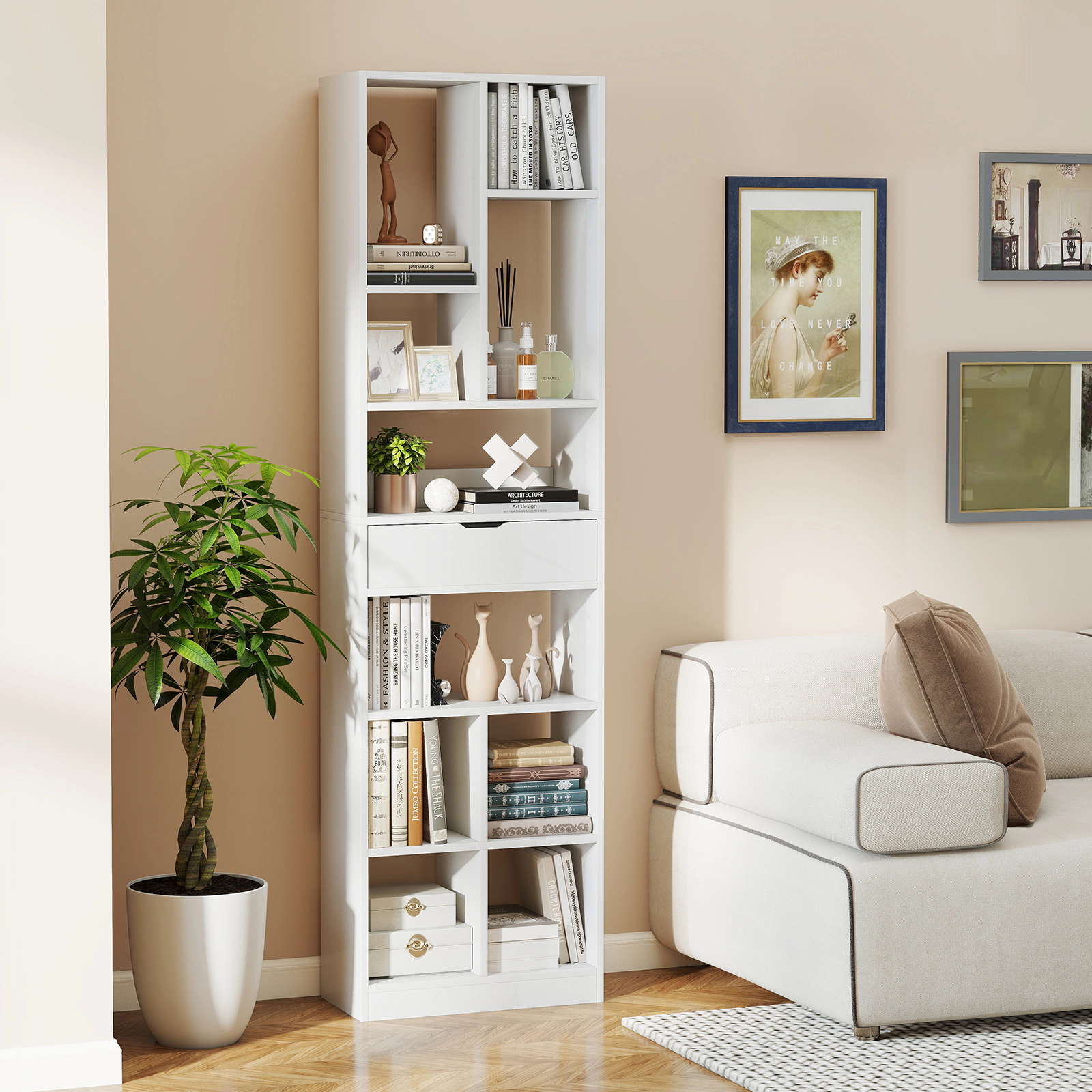 SUGIFT White 7-Tier Bookshelf 71 in with 10 Open Cubes and Storage Drawer