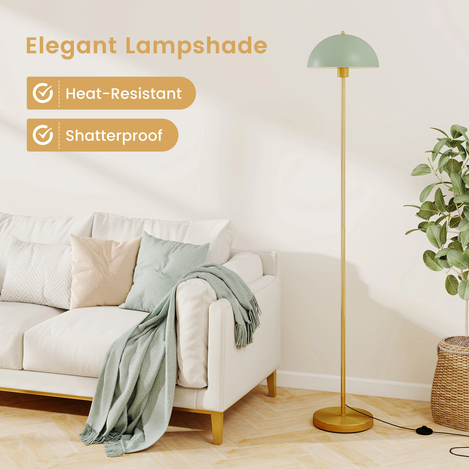 Slickblue Modern Floor Lamp 64in Gold Green E26 Socket Shatterproof Shade Living Room Lamp