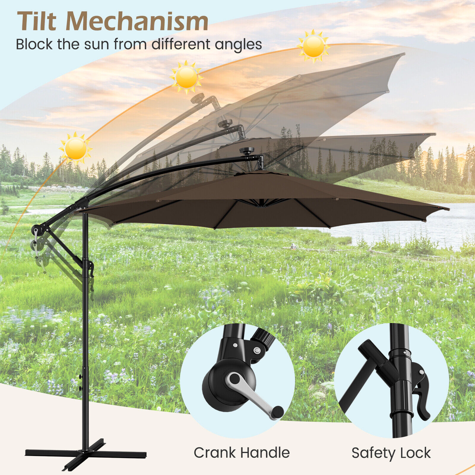 SUGIFT 112 Solar LED Lights and Crank Lift 10 FT Offset Cantilever Patio Umbrella