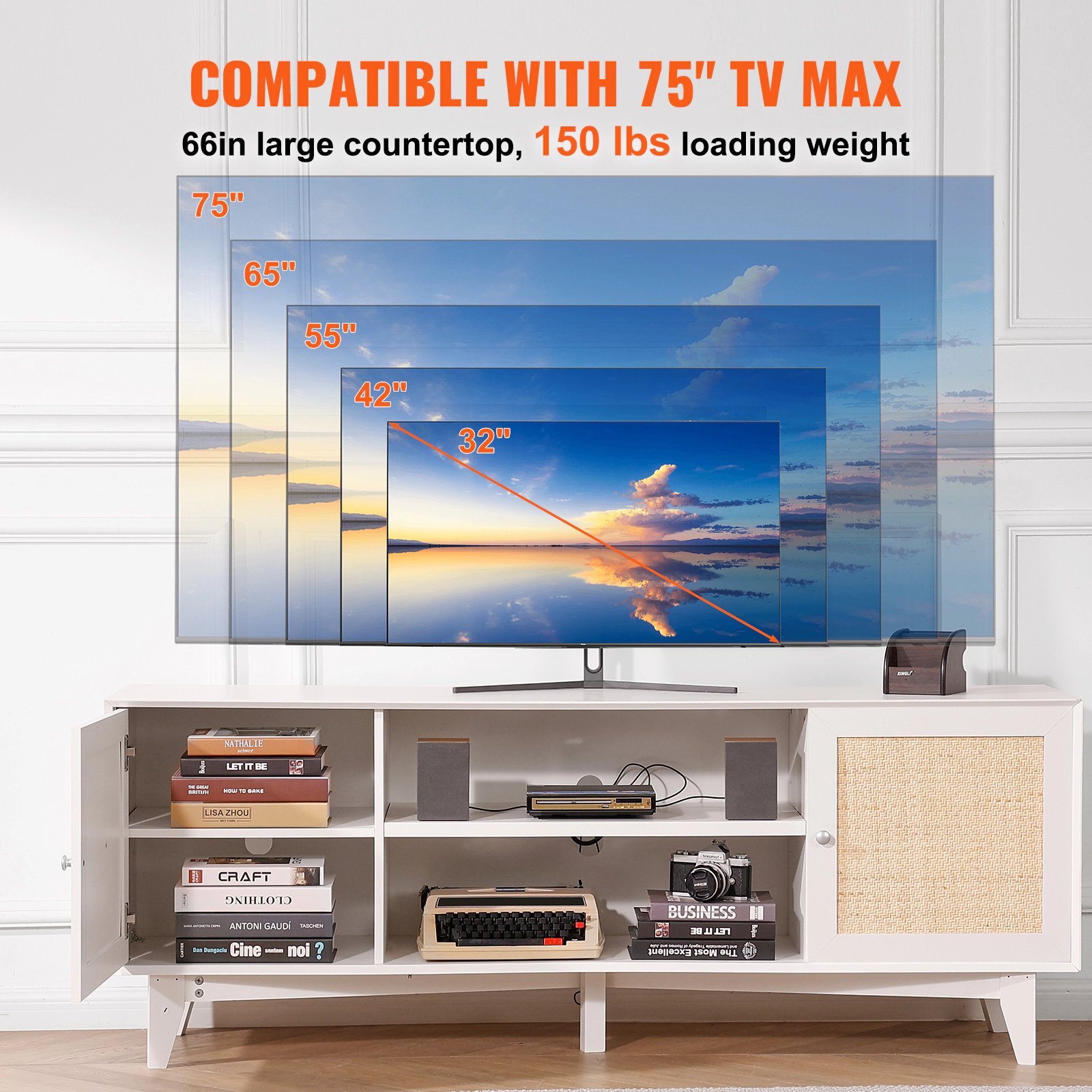 HONGGE Rattan TV Stand for TV Boho TV Stand with Rattan with Build-in Socket Modern TV for Living Room Media Room