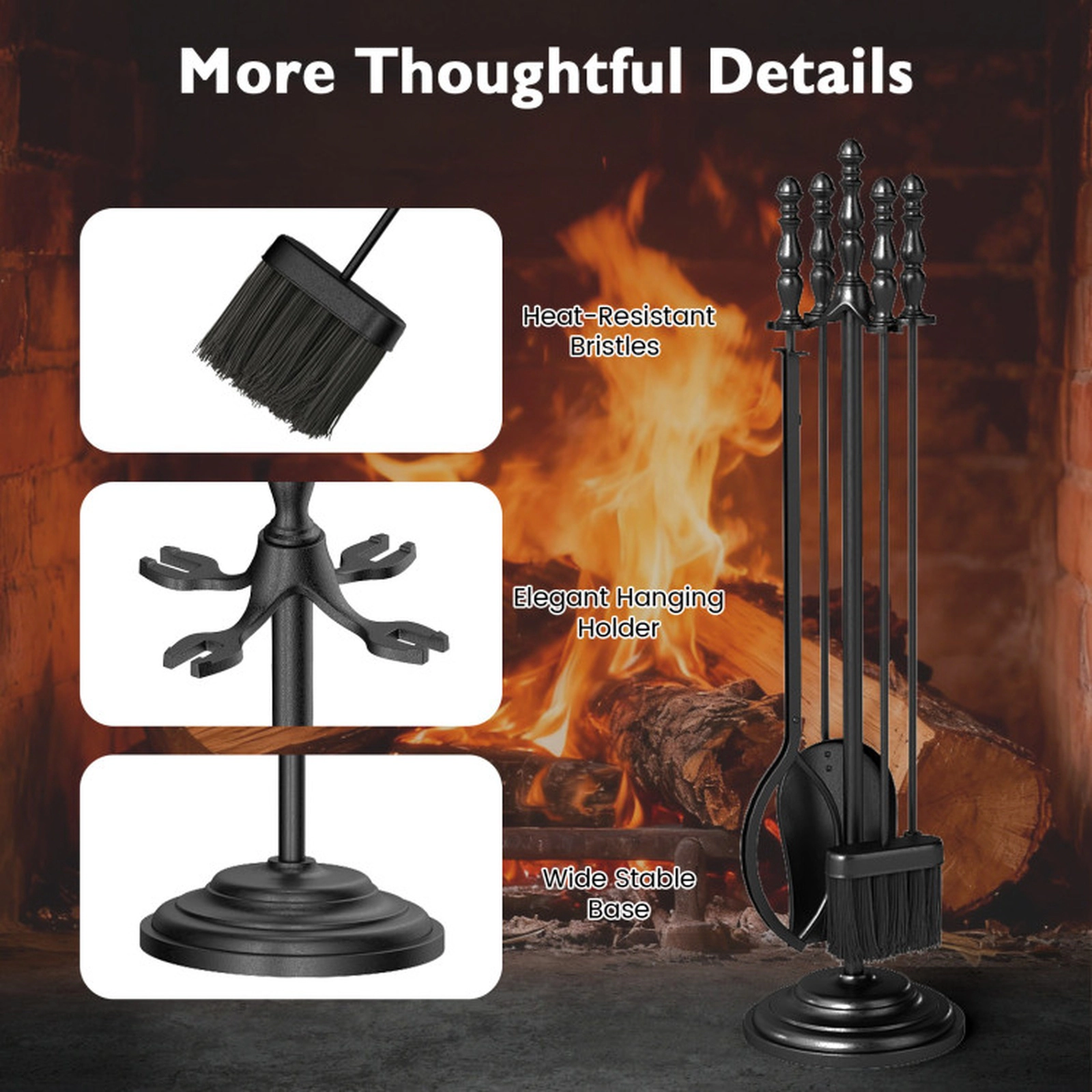 SUGIFT 5-Piece Poker Tongs Brush Shovel Round Stand Fireplace Tool Set 27-in Tools 8-in x 31.5-in Base 9-lb Black