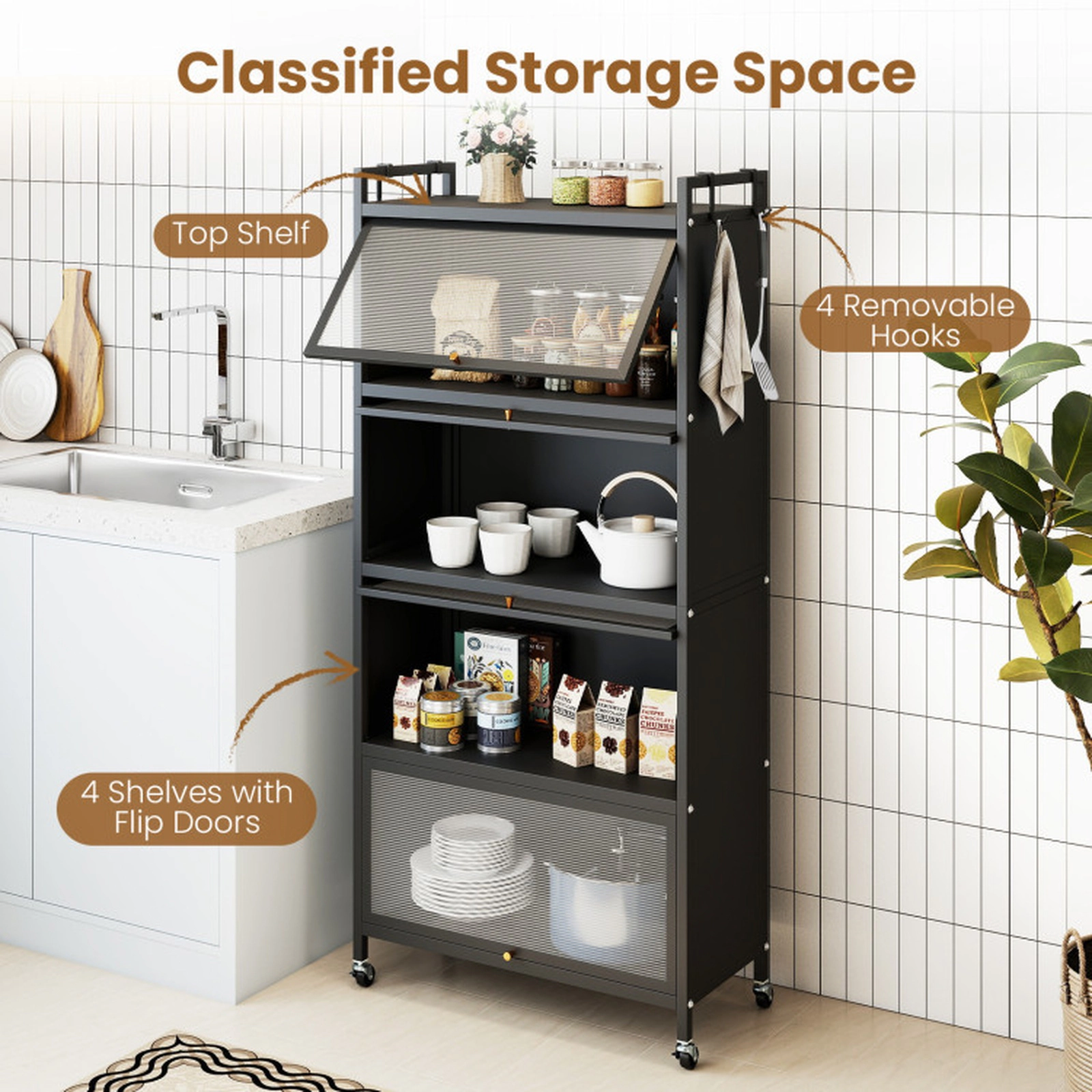 SUGIFT 5-Tier 45-lb Per-Tier 60-in Black Storage Cabinet with 4 Flip-Up PC Doors Rolling Wheels and Guardrails