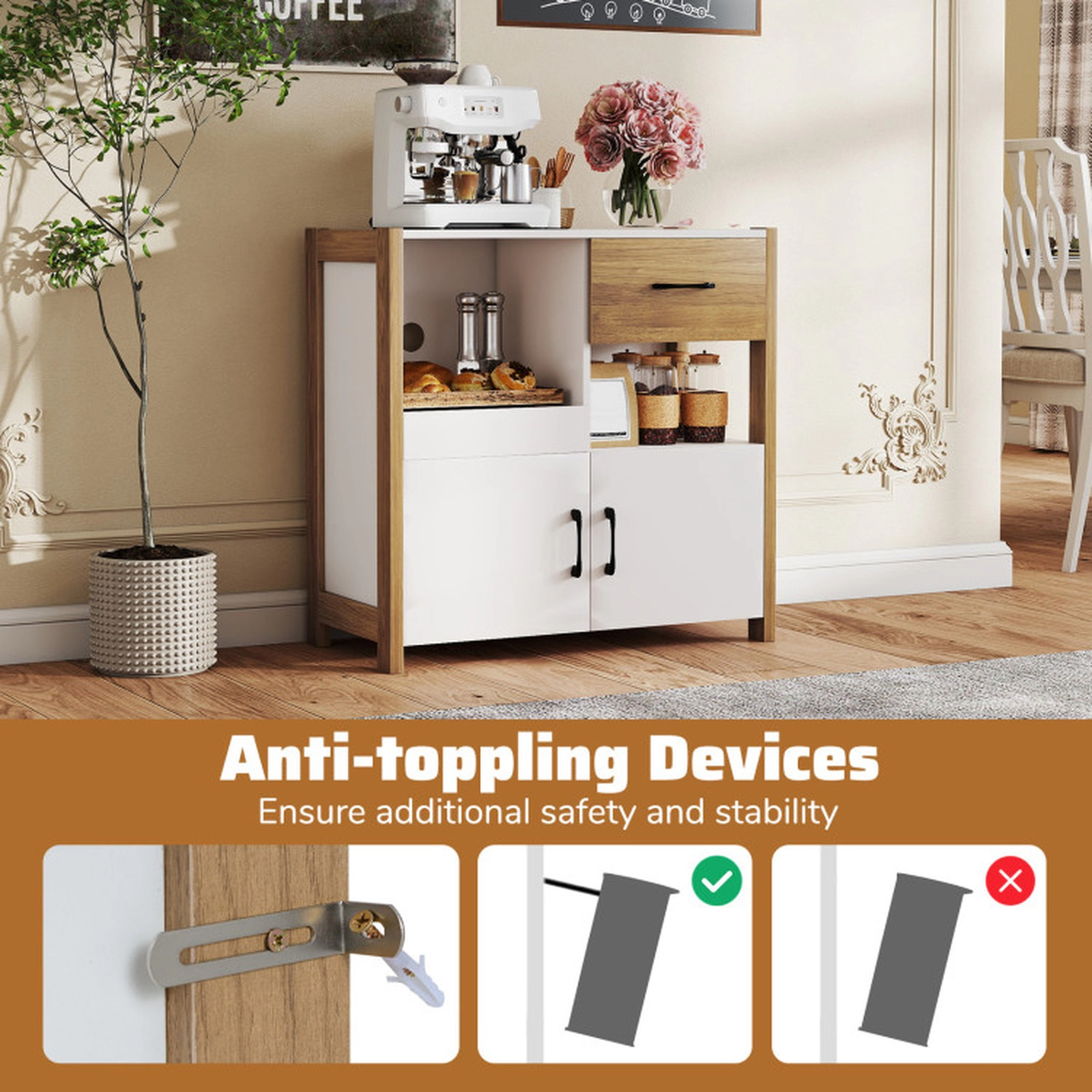 SUGIFT Kitchen Storage Sideboard Cabinet with Drawer Pull-Out Shelf, Drawer and 2 Doors 44-lb Countertop Capacity