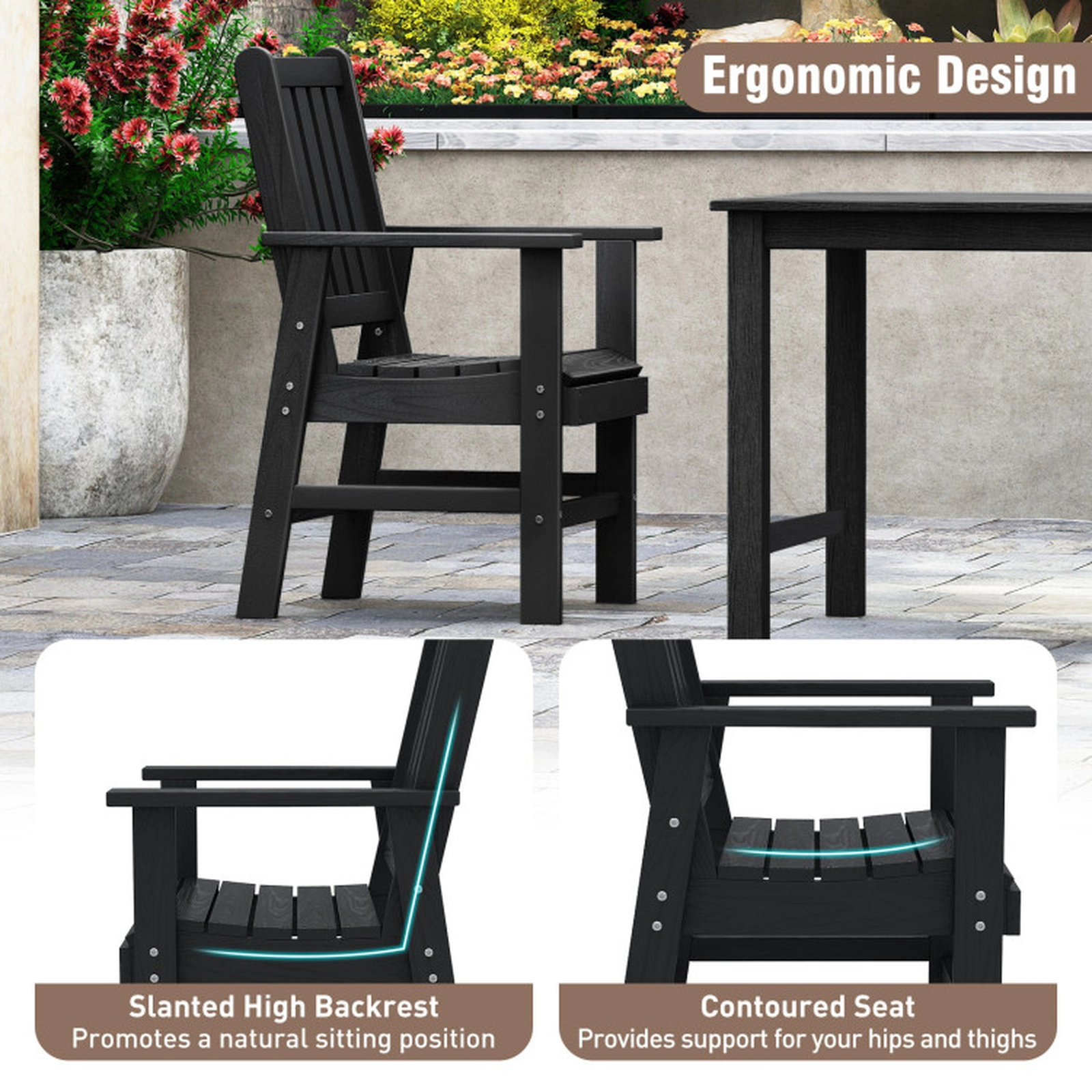 SUGIFT Set of 4 All Weather HDPE Slatted Armrests Patio Dining Chairs 24-in x 24-in x 37.5-in 330-lb Capacity Black