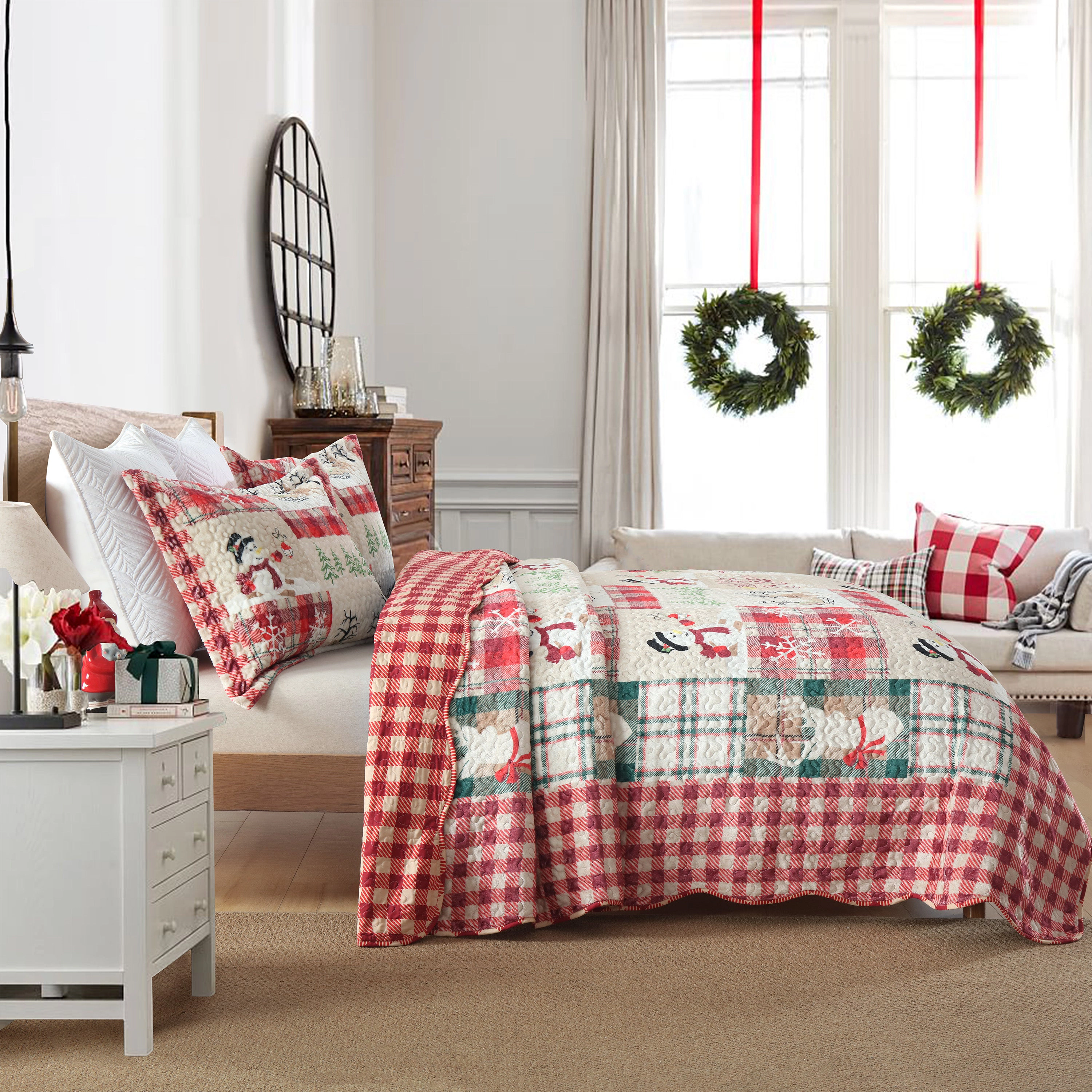 MarCielo 3 Piece Velvet Christmas Quilt Bedspread Set,Holiday Bedding