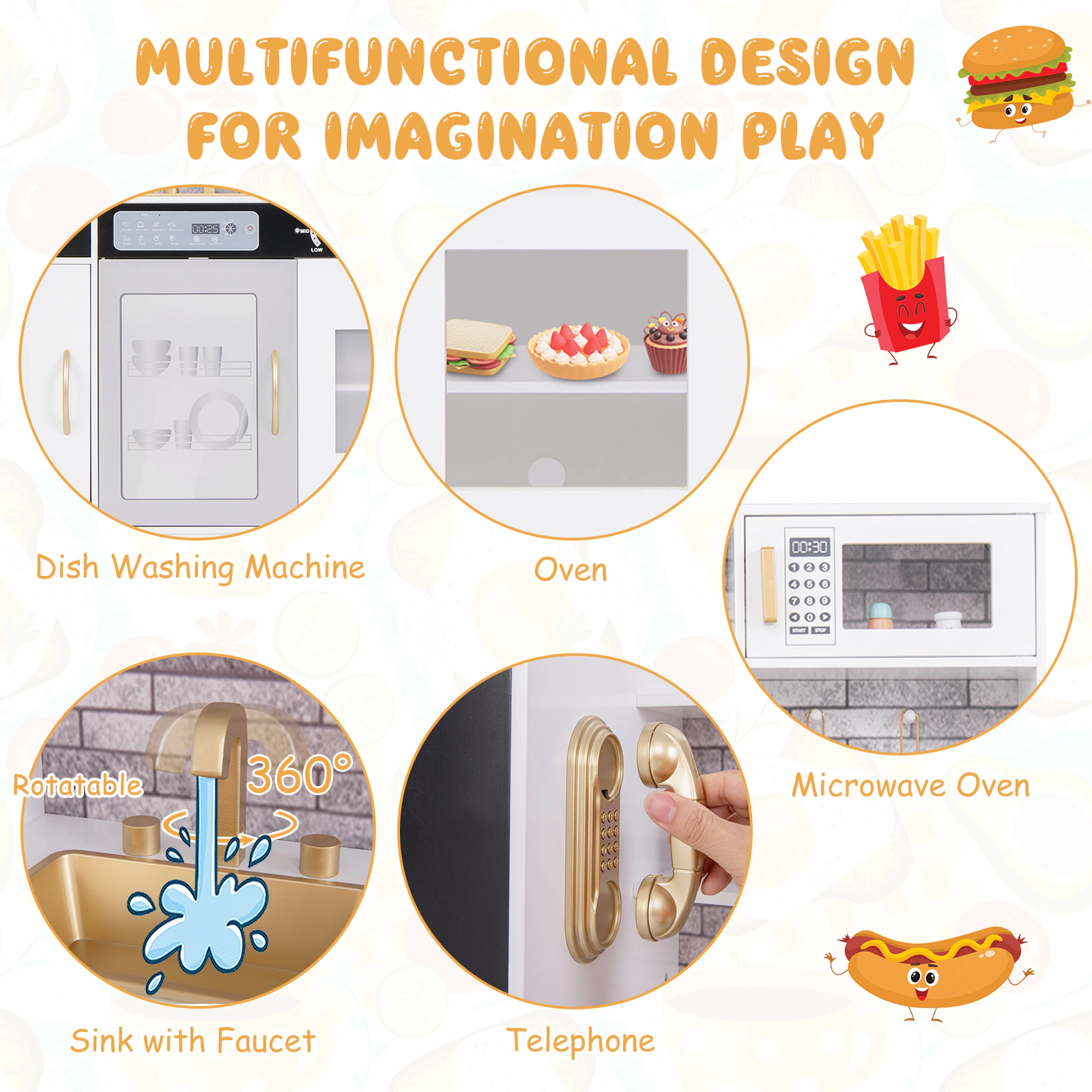 SUGIFT Multifunctional Pretend Play Kitchen with Utensils 39-in Tall Ages 3+ White