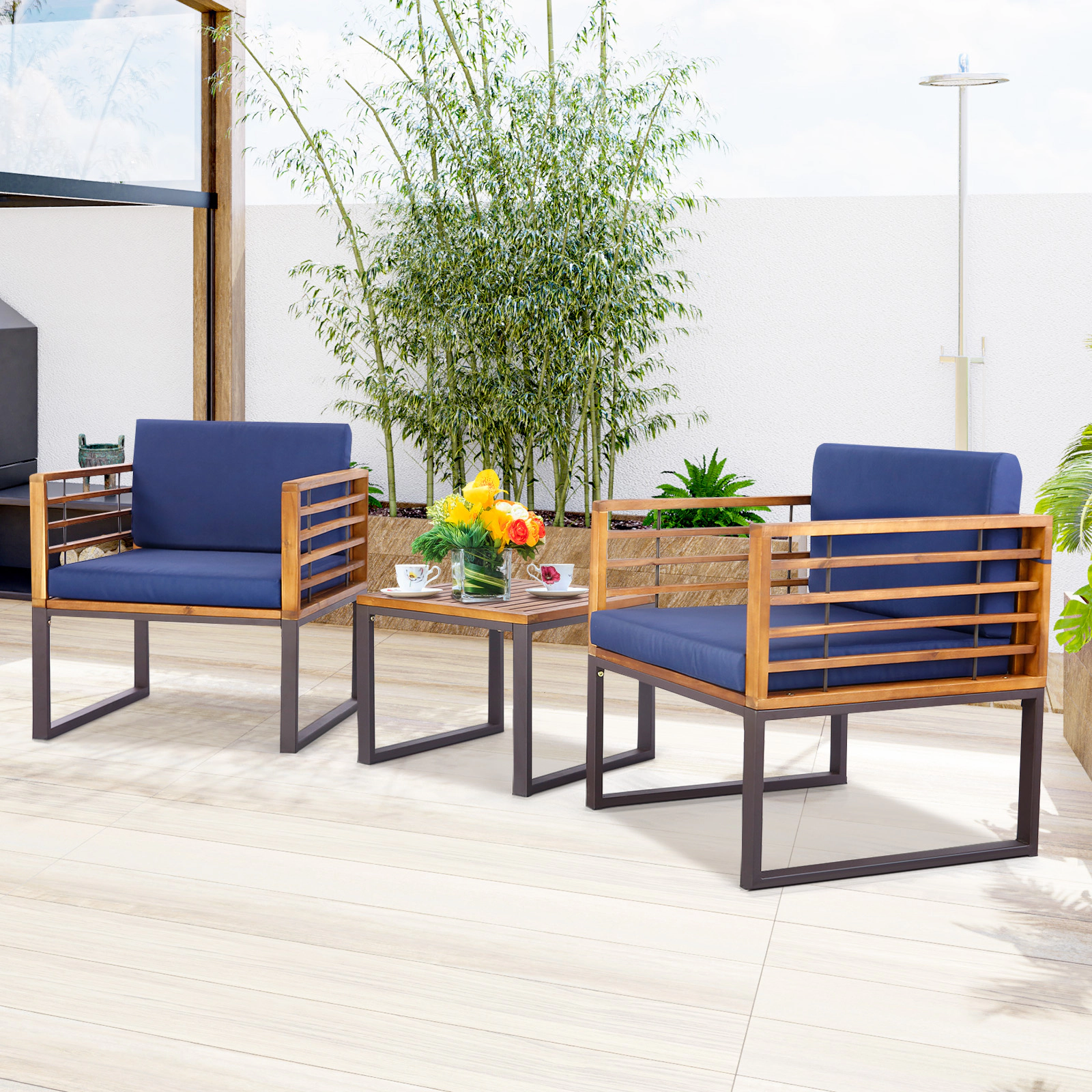SUGIFT Patio Acacia Wood Conversation Set with Cushioned Armchairs 400-lb Chairs Navy Cushions Natural Black Frame