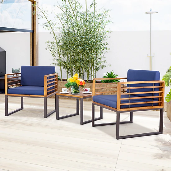 SUGIFT Patio Acacia Wood Conversation Set with Cushioned Armchairs 400-lb Chairs Navy Cushions Natural Black Frame