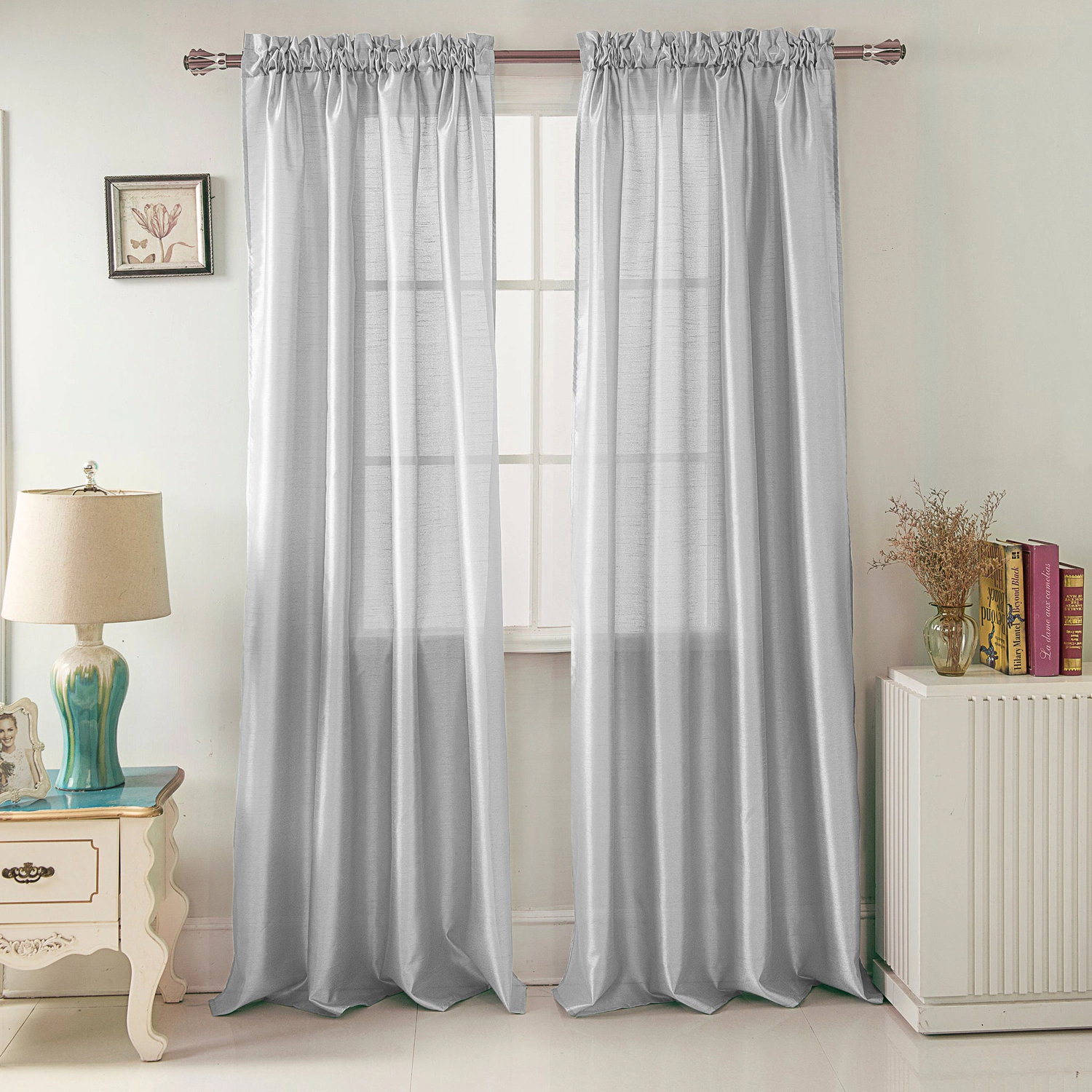 RT Designers Collection 100% Polyester 82 GSM Faux Silk Nikki Rod Pocket Curtain Panel 54" x 90" Silver