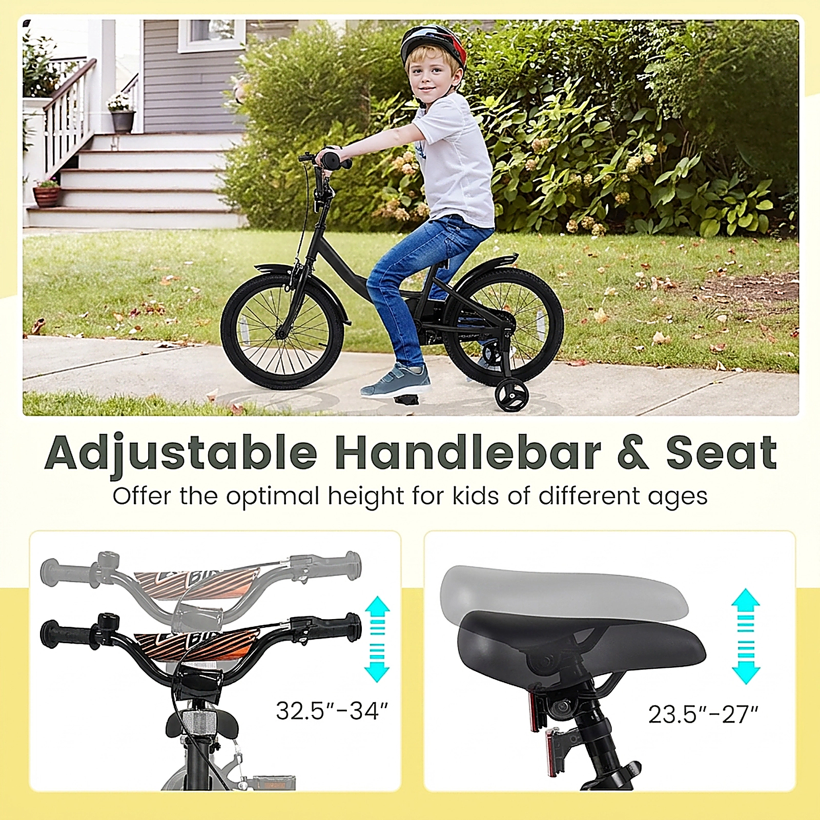 SUGIFT Kids Bike with Removable Training Wheels and Adjustable Seat 145-lb Capacity Ages 4-8 Years Black 18-in Wheel
