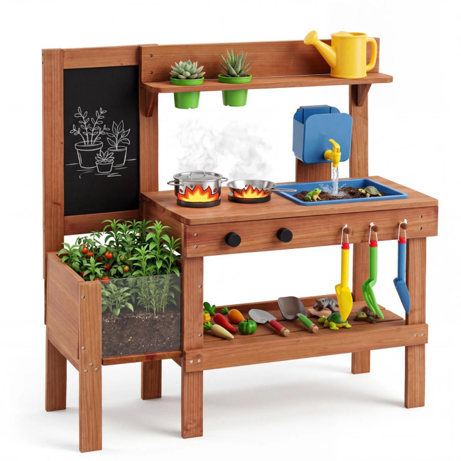 SUGIFT Kids Mud Kitchen with Planter Box, Sink and 13 Accessories 37-in Wide Ages 3+ Natural