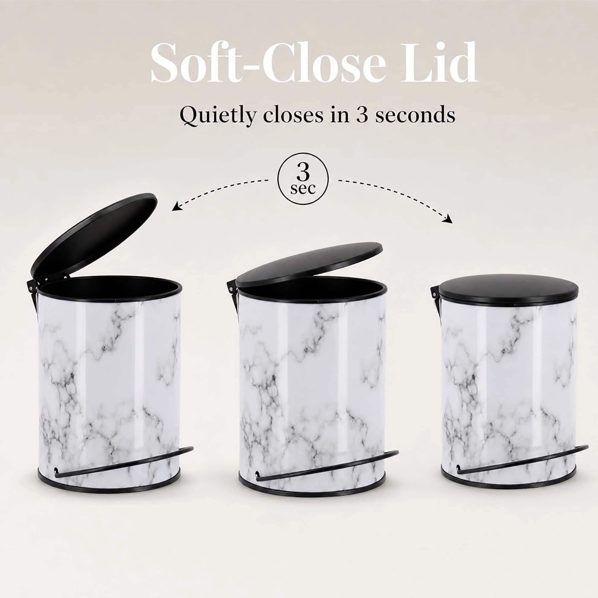 Evideco French Home Goods Carrara Noir Marble-Look 3 L Metal Pedal Trash Can