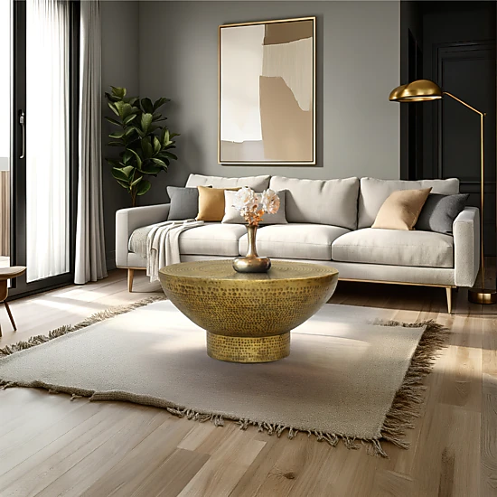 The Urban Port Orion Coffee Table | 32 Inch Round Martini Glass Shape | Hammered Antique Brass Finish