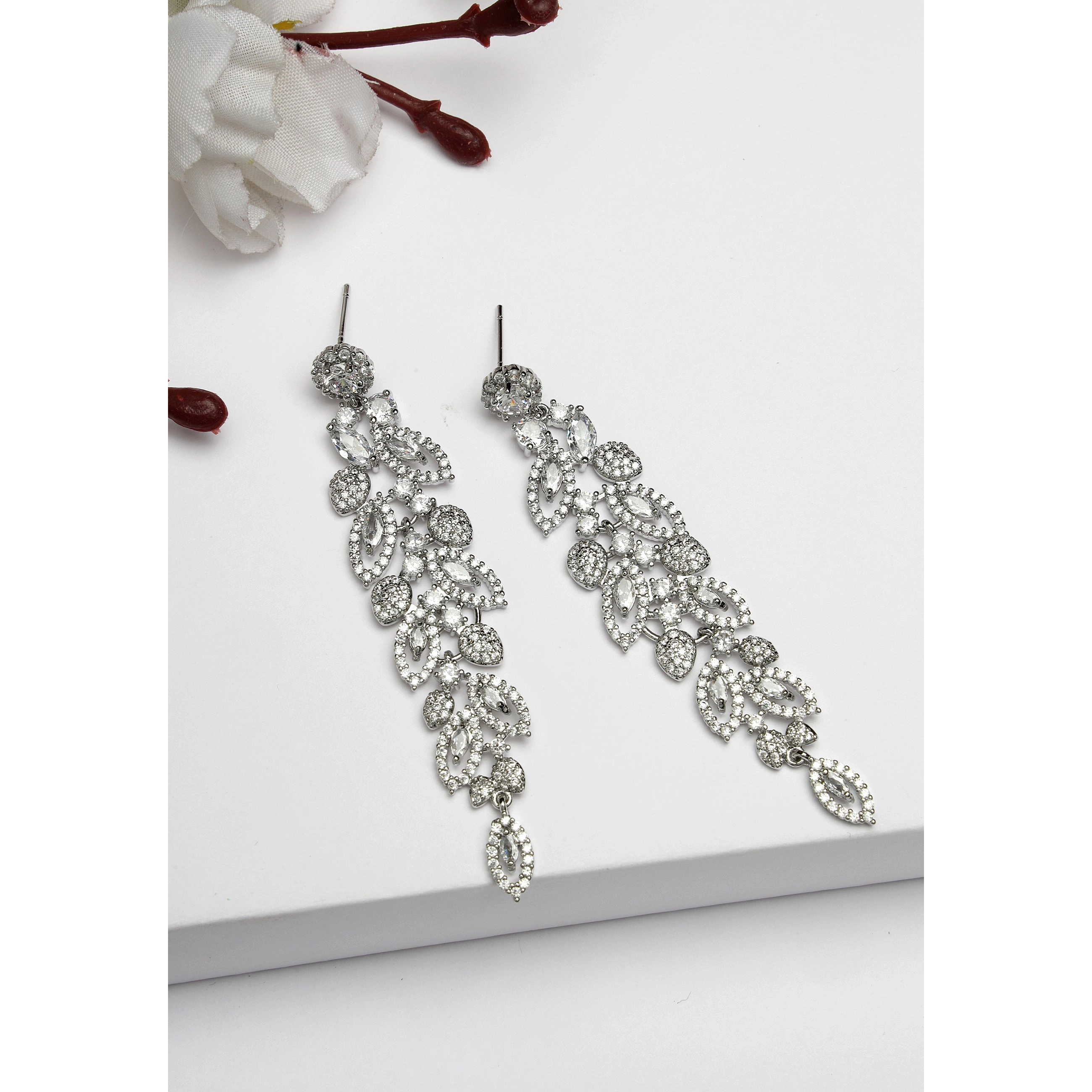 AGP PARIS Womens Diva Long Silver Leaf Drop Earrings