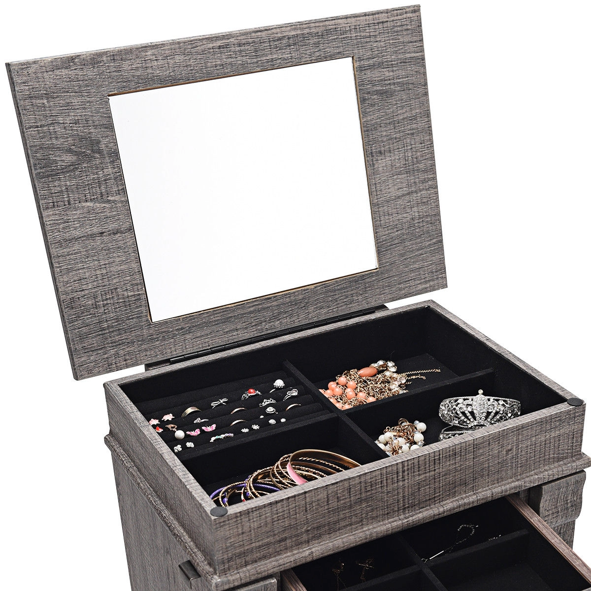 Slickblue Jewelry Storage Cabinet with Flip Top Mirror 5 Drawers Coffee Black Bedroom Chest