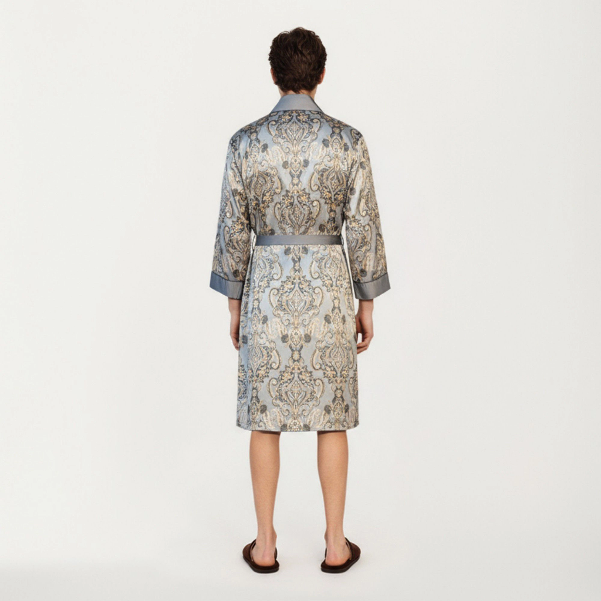 Anna-Kaci Men's Paisley Print Satin Robe with Contrast Trim Shawl Collar and Waist Tie