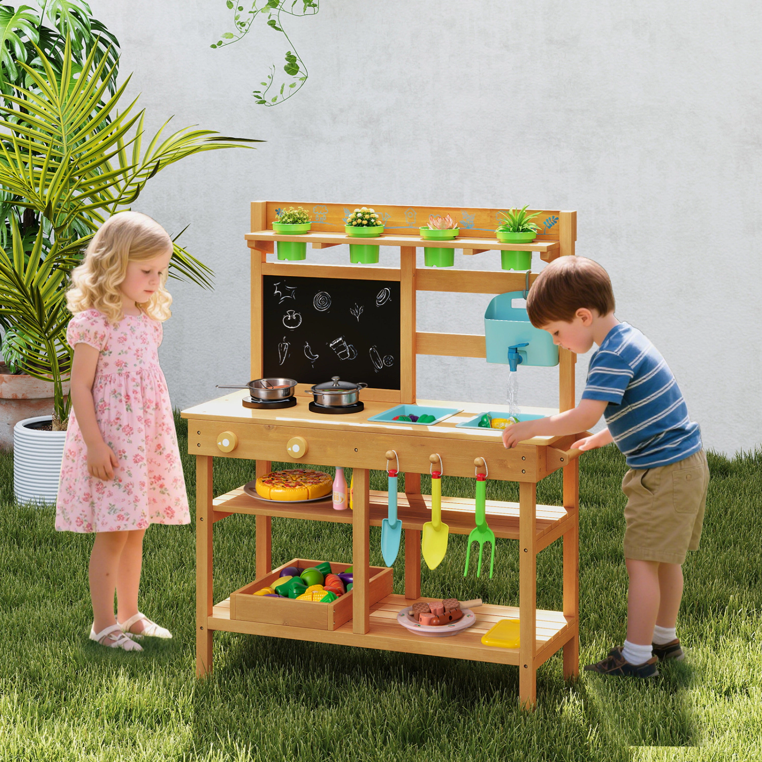 LJG Outdoor Play Pretend Kitchen with Faucet and Removable Sinks for Children Aged 3+