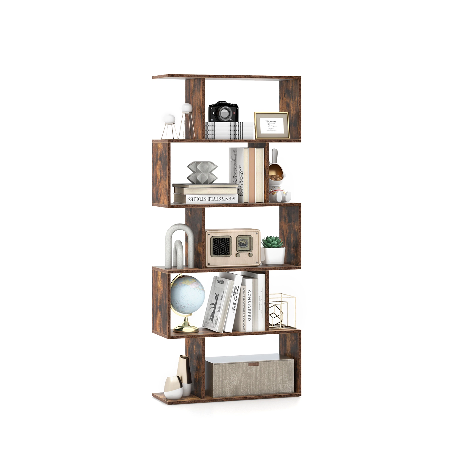 SUGIFT 5-Tier S-Shaped Engineered Wood Bookshelf 27.5-in Wide 62.5-in Tall 45-lb Shelf Capacity Rustic Brown
