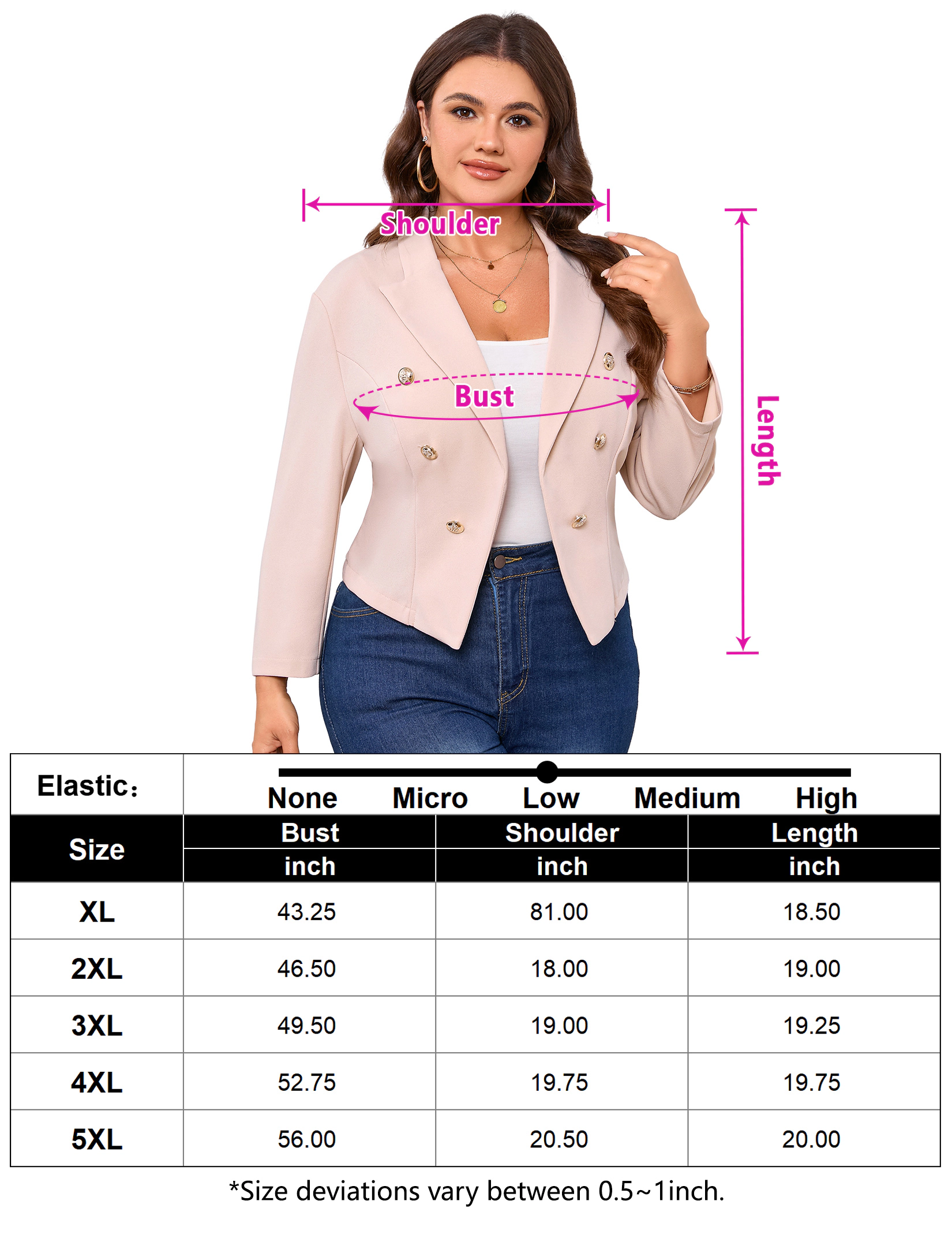 KOJOOIN Women's Double Breasted Cropped Blazer 3/4 Sleeves Open Front Office Work with Pocket