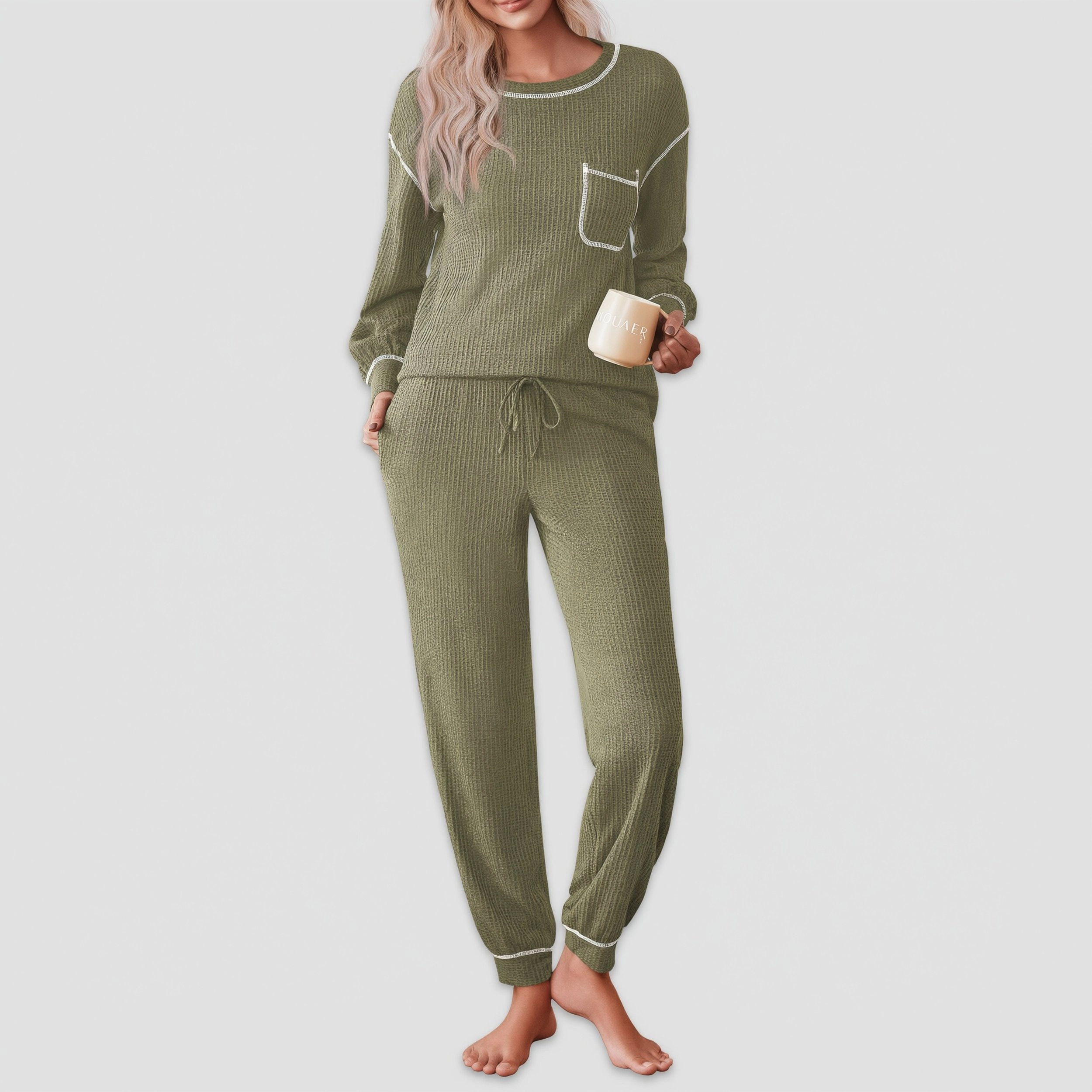 Ekouaer Womens Pajamas Set Waffle Knit Long Sleeve Lounge Two Piece Pajama Loungewear Sleepwear