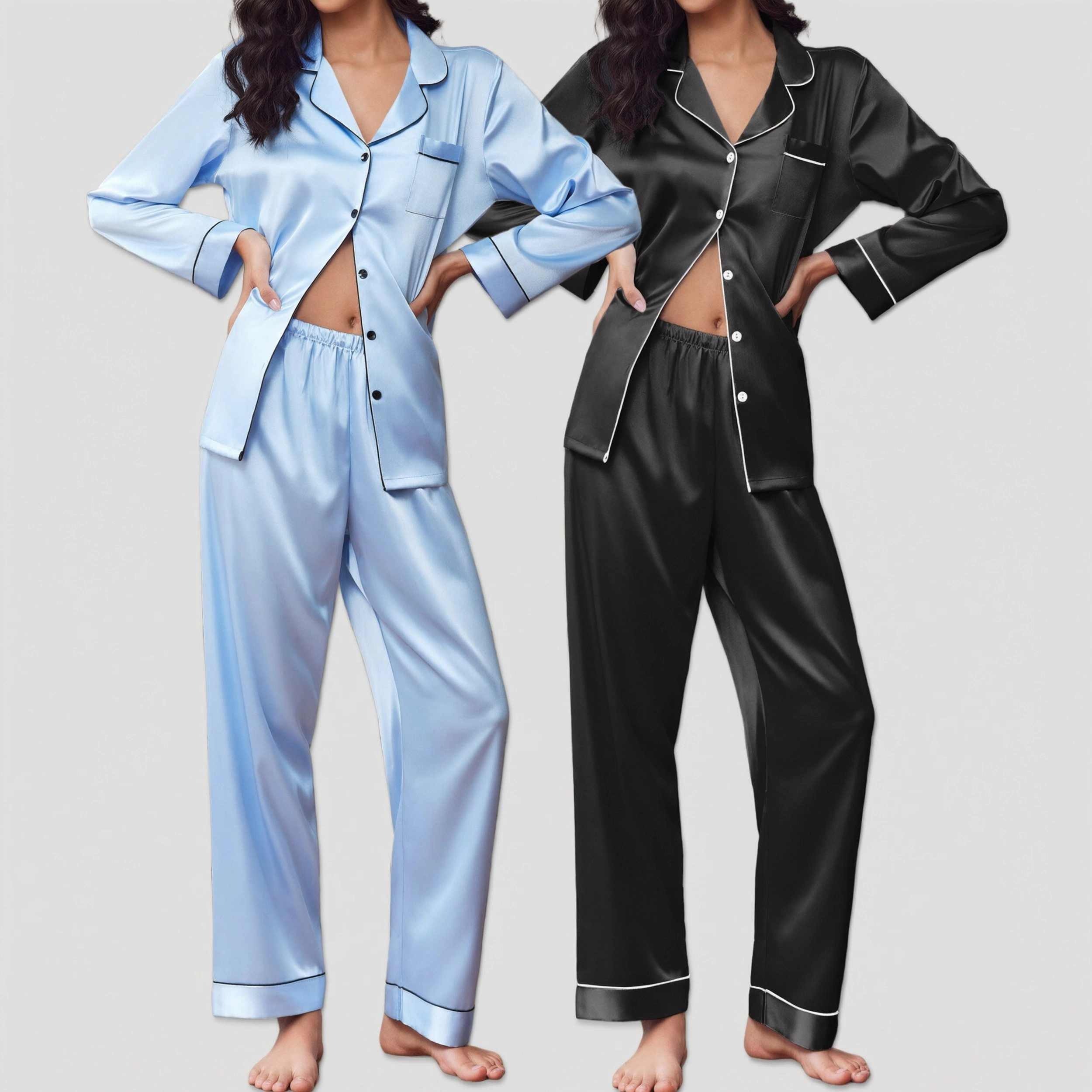 Ekouaer Women's Notched Collar Long Sleeve 2 Piece Satin Pajama Sleep Set