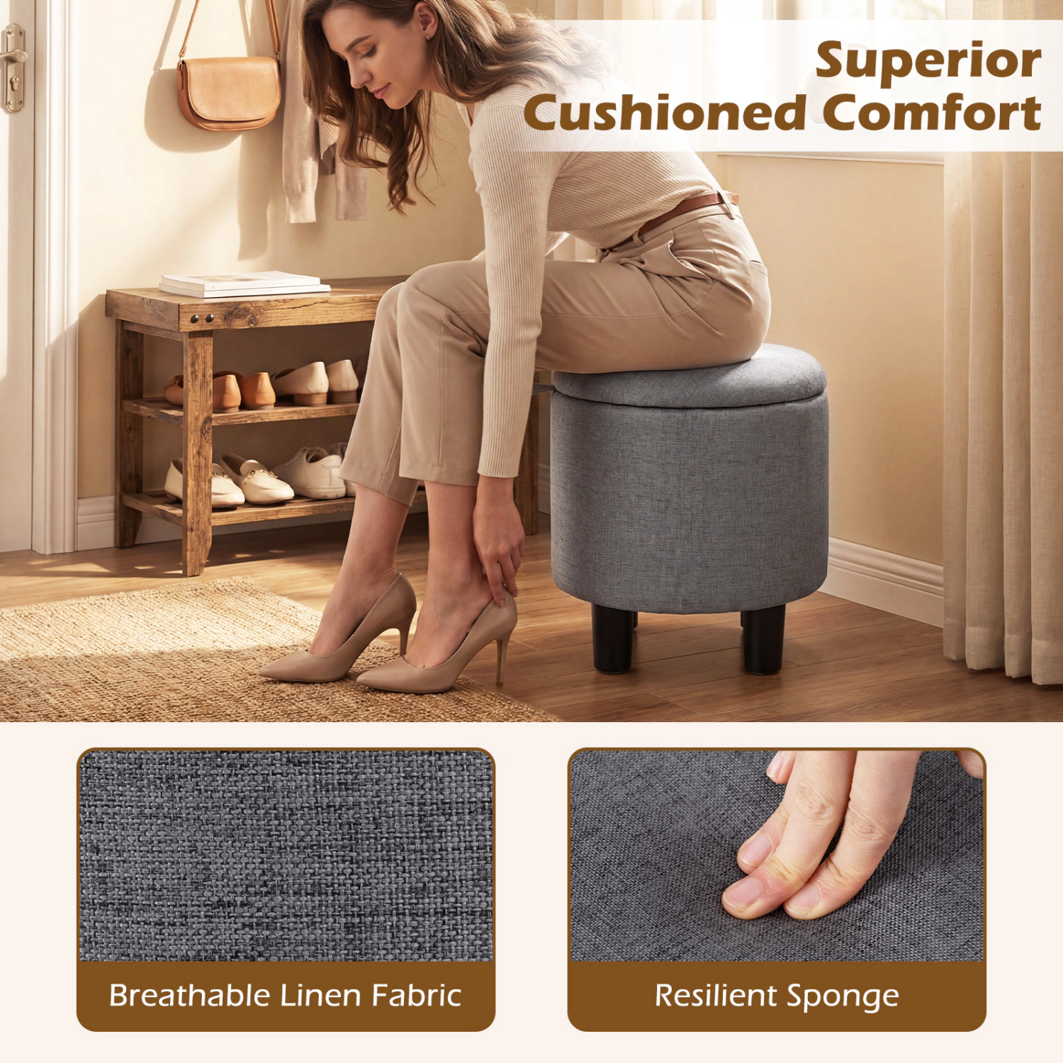 Glintex Round Linen Storage Ottoman with Reversible Lid and 350-Lb Seat