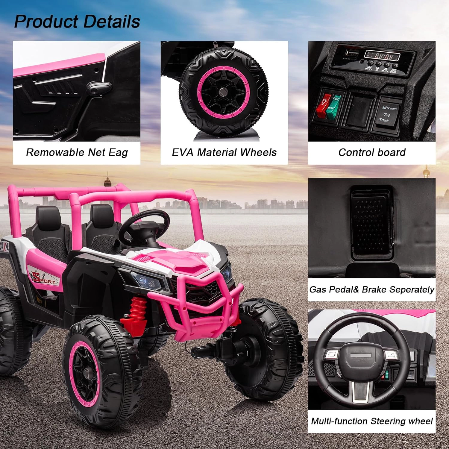Enjyam 24V 2-Seater Kids Ride On UTV Truck, 4WD/2WD Electric Car w/ Remote, 4×35W Motors, Suspension, LED Light