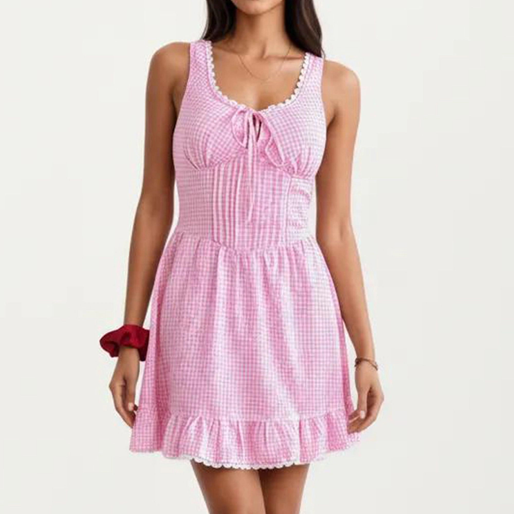 Anna-Kaci Women's Gingham Tie Front Bodice Ruffle Hem Mini Dress