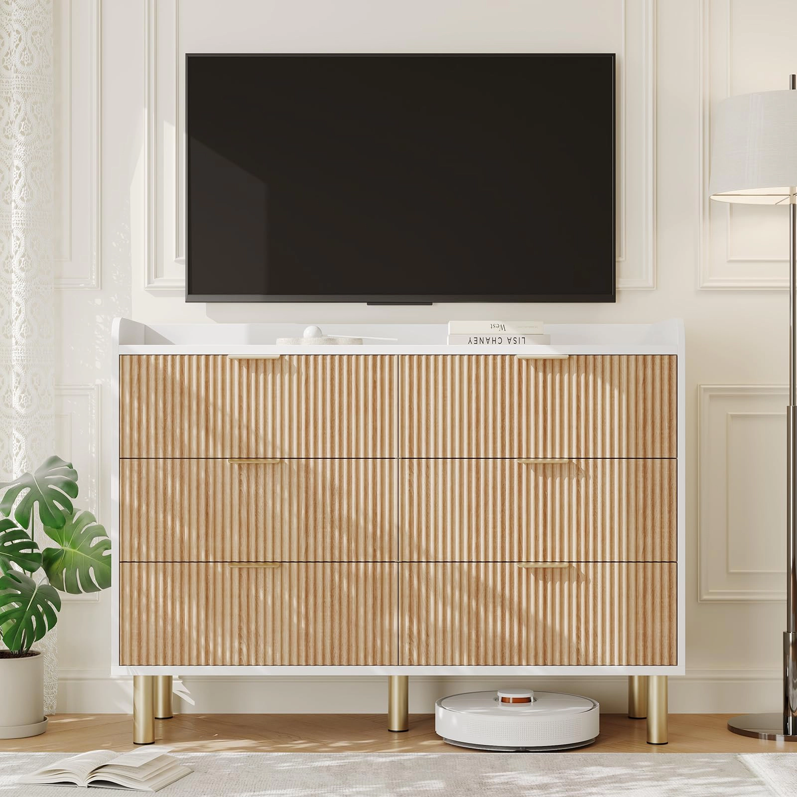 6 Drawer Fluted Wood Dresser, 47.2" Wide Storage Cabinet with Metal Handles for Bedroom